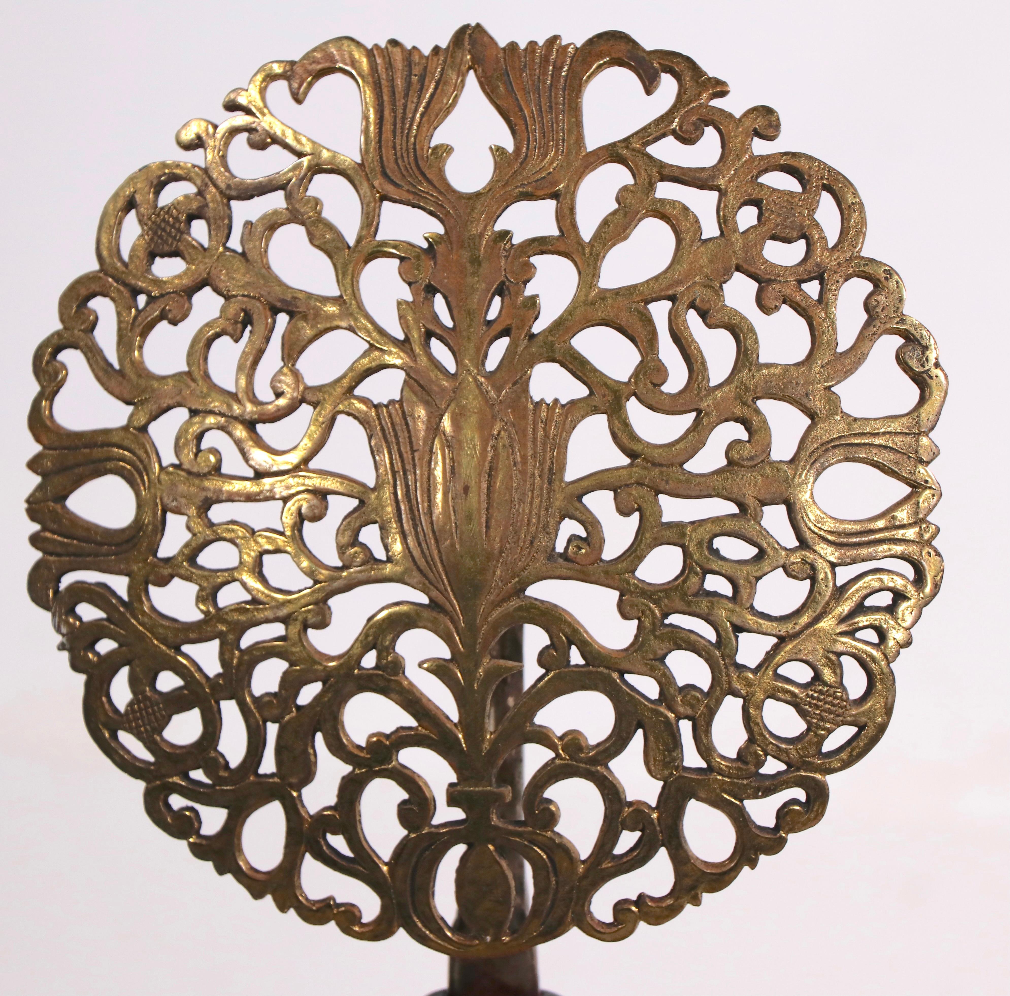 Pr. English Arts & Crafts Andirons Iron with Brass Filigree Foliate Tops In Good Condition In New York, NY