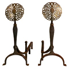 Pr. English Arts & Crafts Andirons Iron with Brass Filigree Foliate Tops