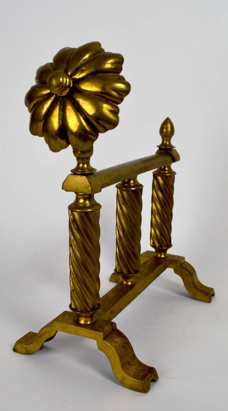 Pr. solid brass tool stands, designed to hold fireplace tools, shovel, poker etc. Very decorative, well made, clean original condition.