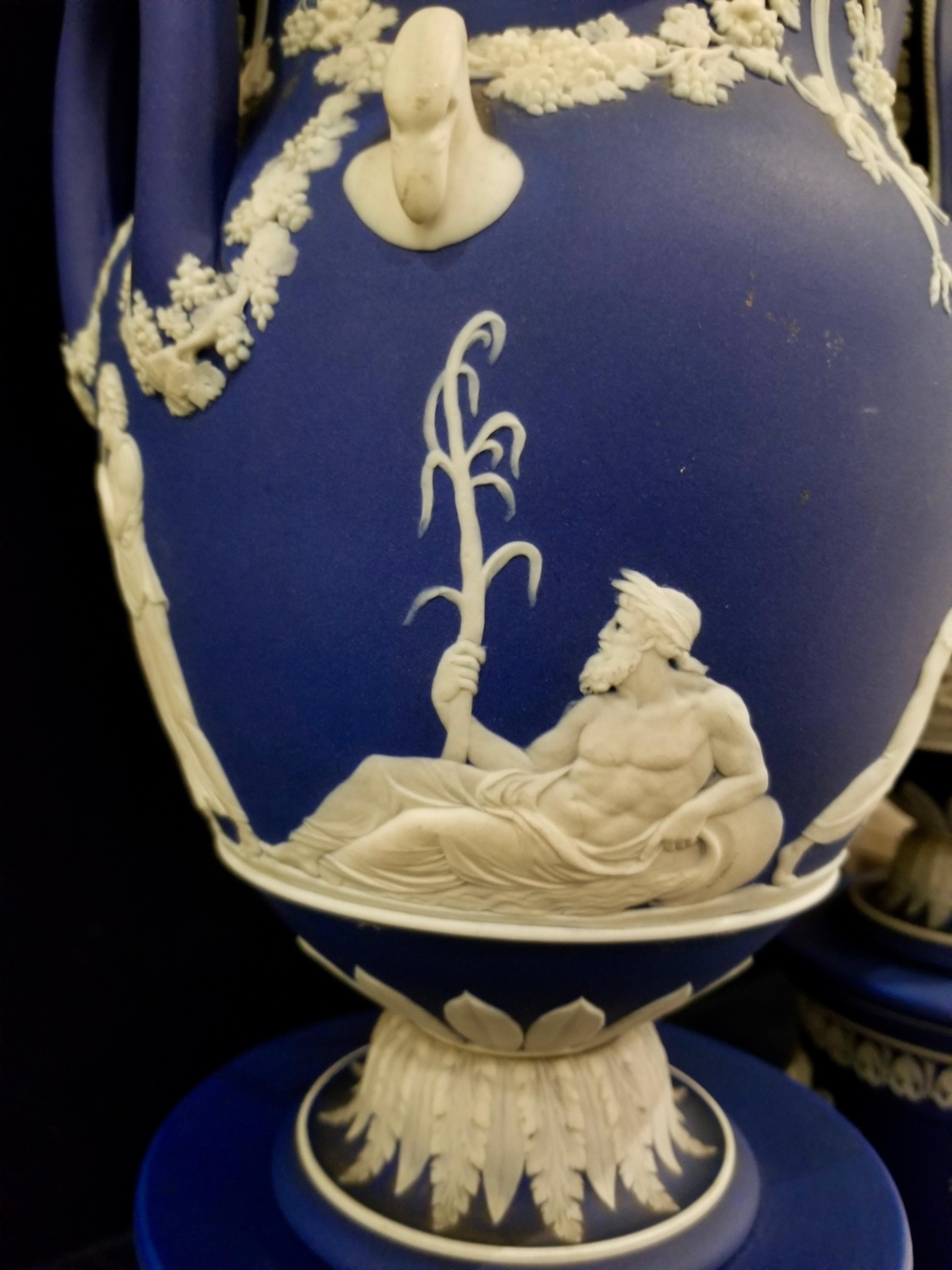 English Jasperware Blue Wedgwood Vases w/ Neoclassical Subjects on Plinths, Pair For Sale 1