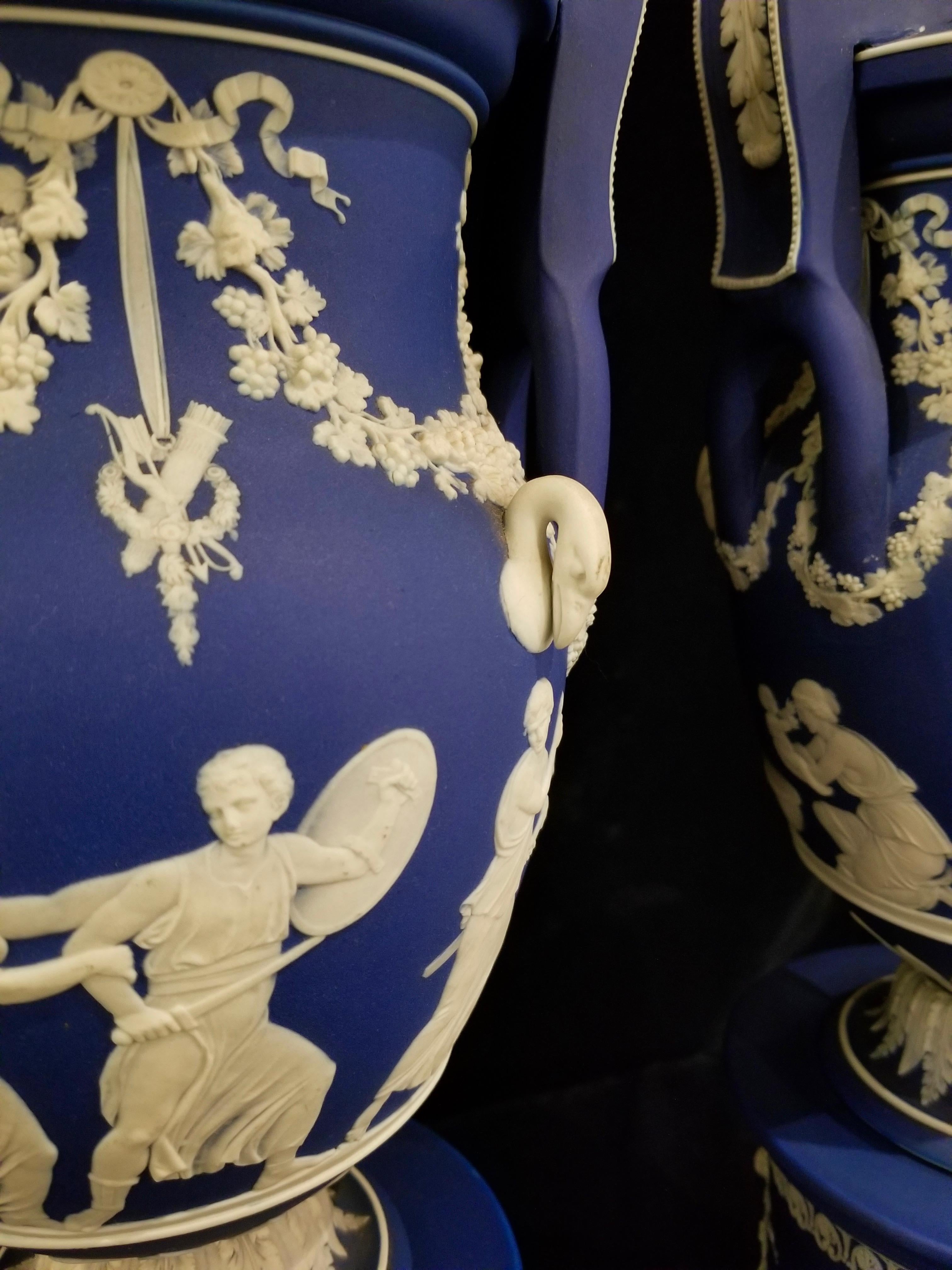 English Jasperware Blue Wedgwood Vases w/ Neoclassical Subjects on Plinths, Pair For Sale 3