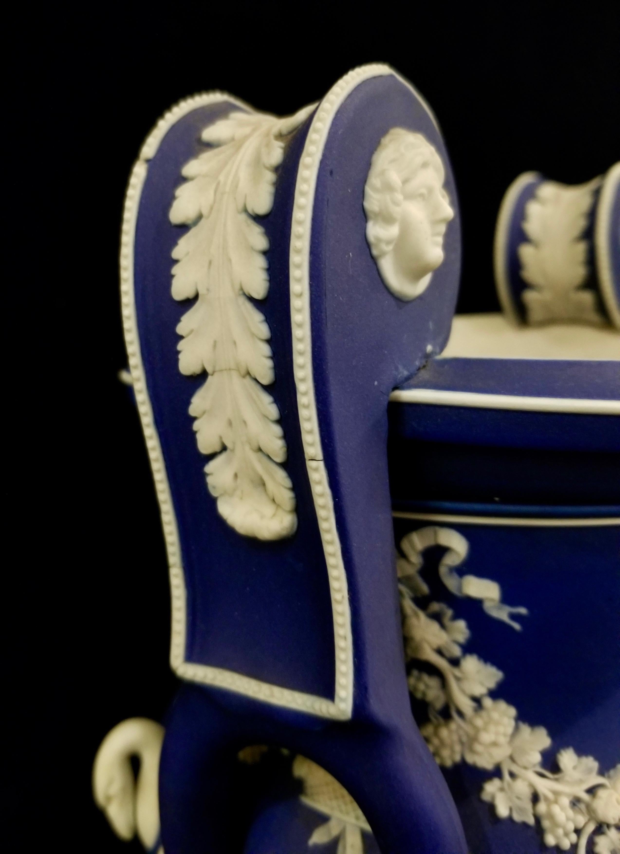 English Jasperware Blue Wedgwood Vases w/ Neoclassical Subjects on Plinths, Pair For Sale 4
