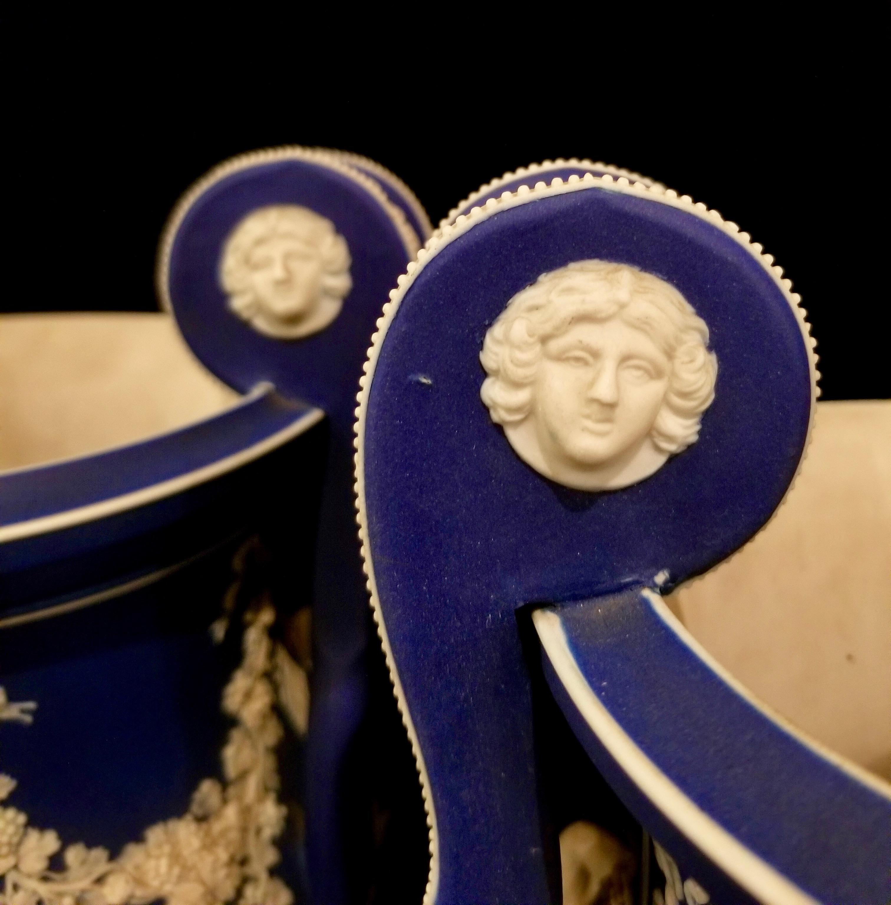 English Jasperware Blue Wedgwood Vases w/ Neoclassical Subjects on Plinths, Pair For Sale 5