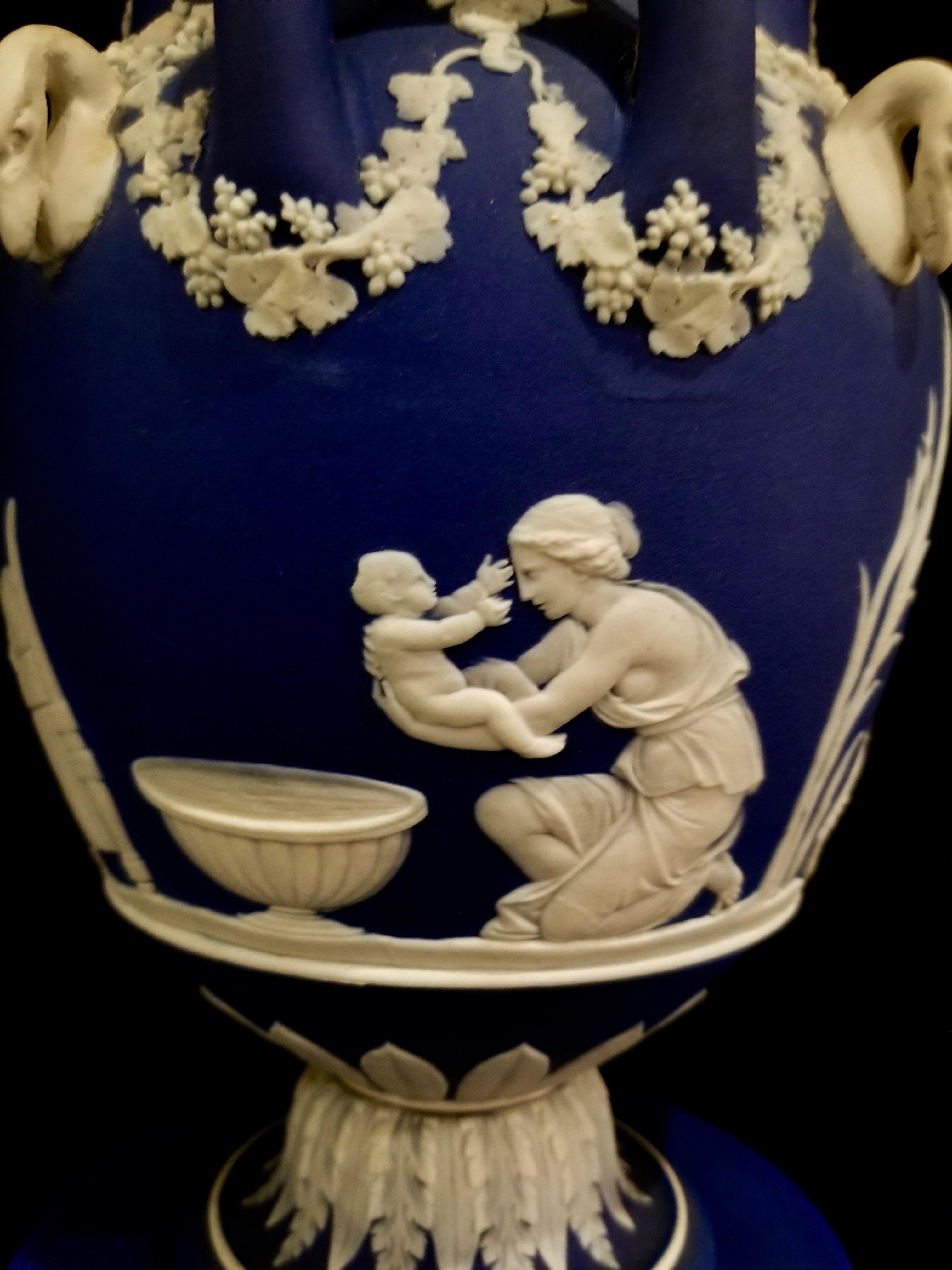 Hand-Carved English Jasperware Blue Wedgwood Vases w/ Neoclassical Subjects on Plinths, Pair For Sale