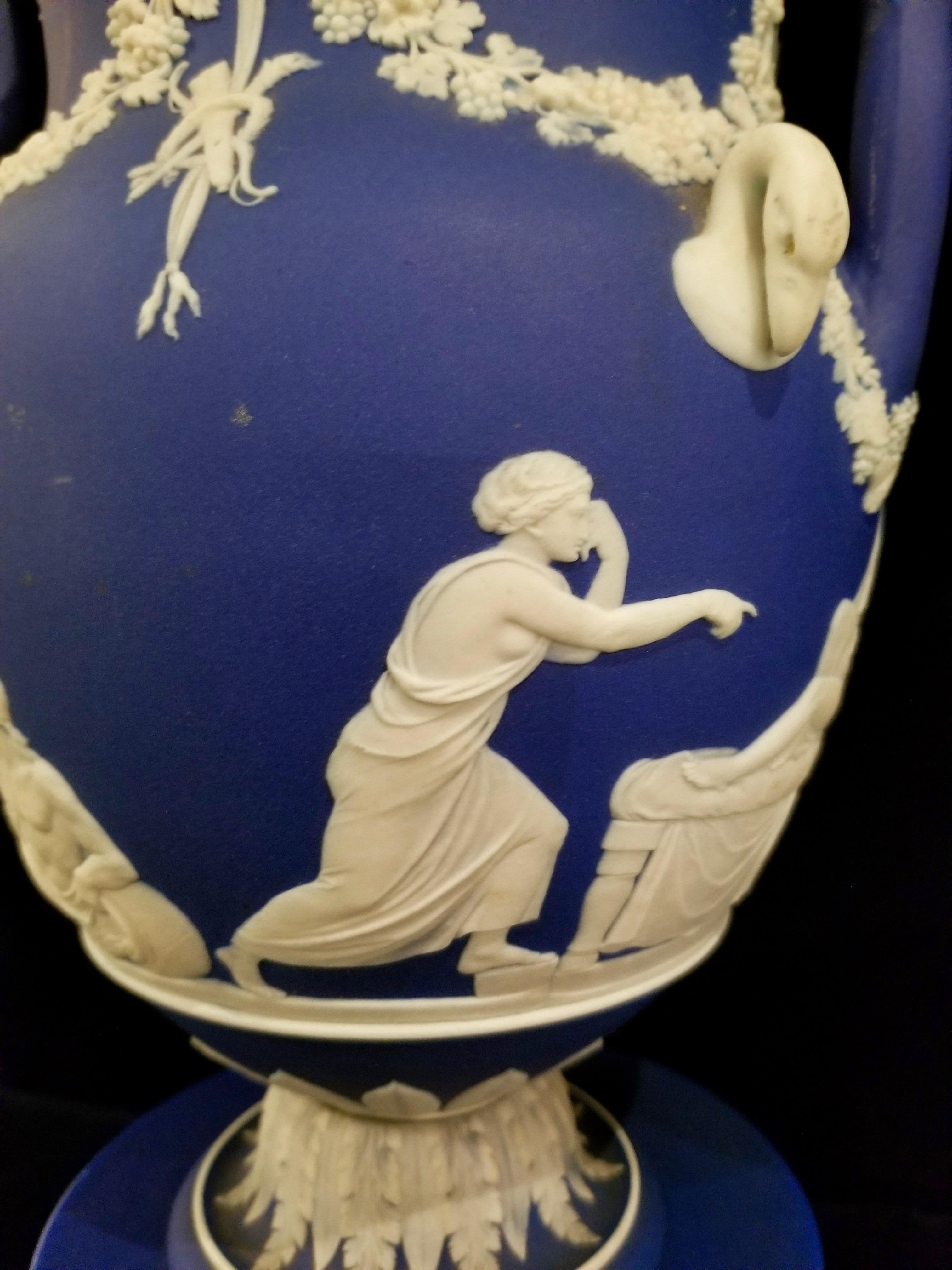 Ceramic English Jasperware Blue Wedgwood Vases w/ Neoclassical Subjects on Plinths, Pair For Sale