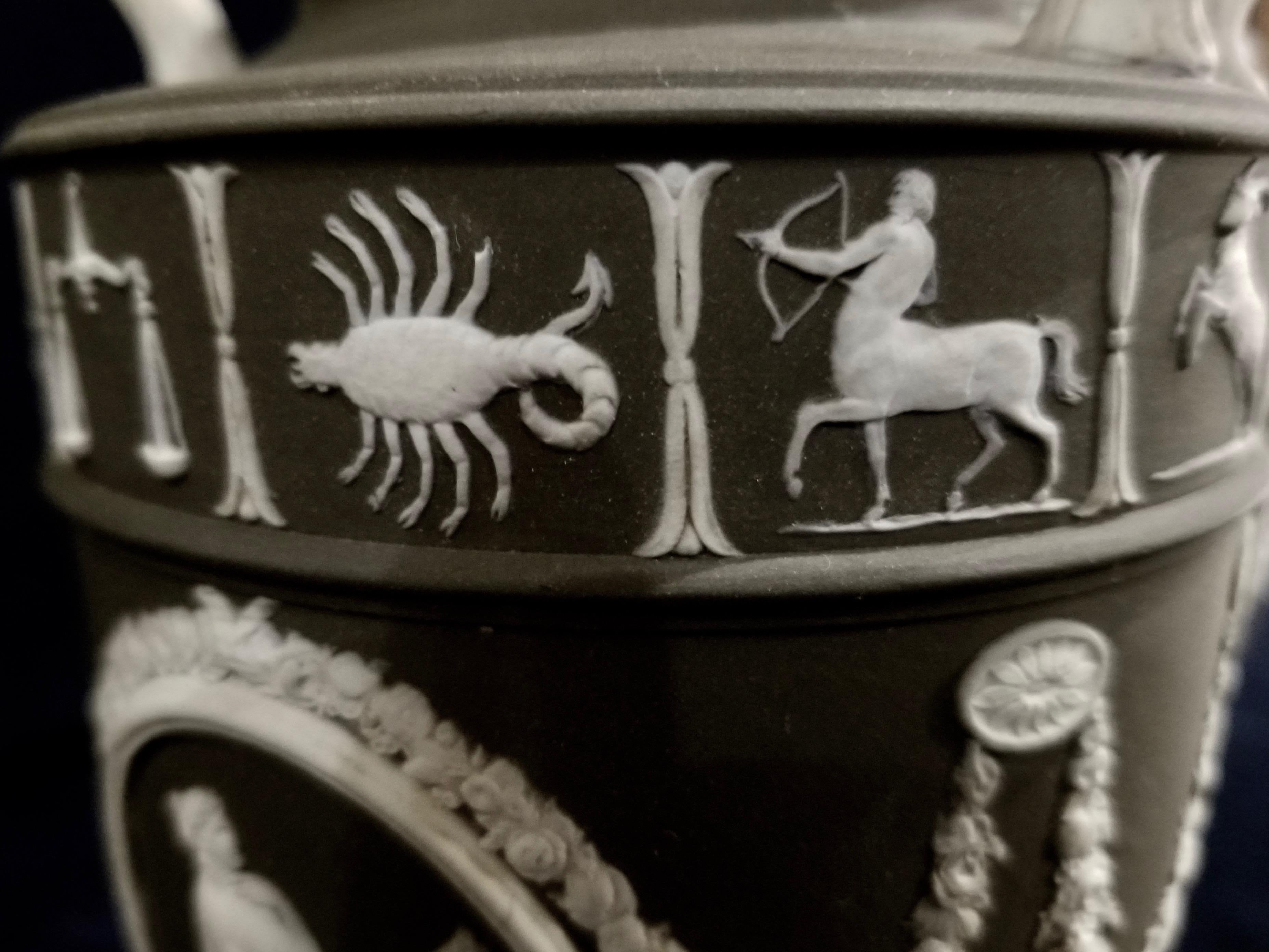 Pair of English Jasperware Lidded Black-Ground Wedgwood Vases with Zodiac Panels 2
