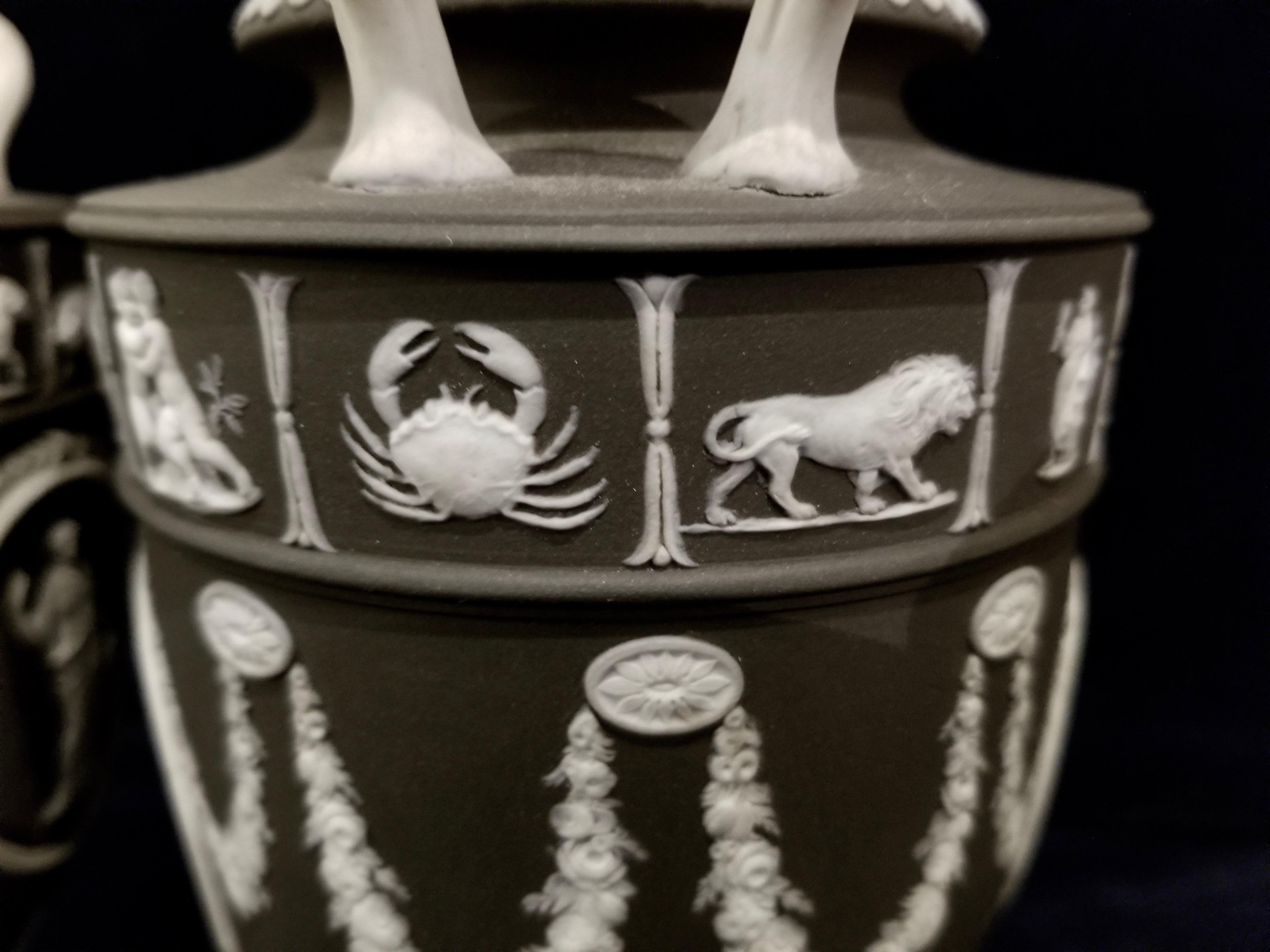 Pair of English Jasperware Lidded Black-Ground Wedgwood Vases with Zodiac Panels 4