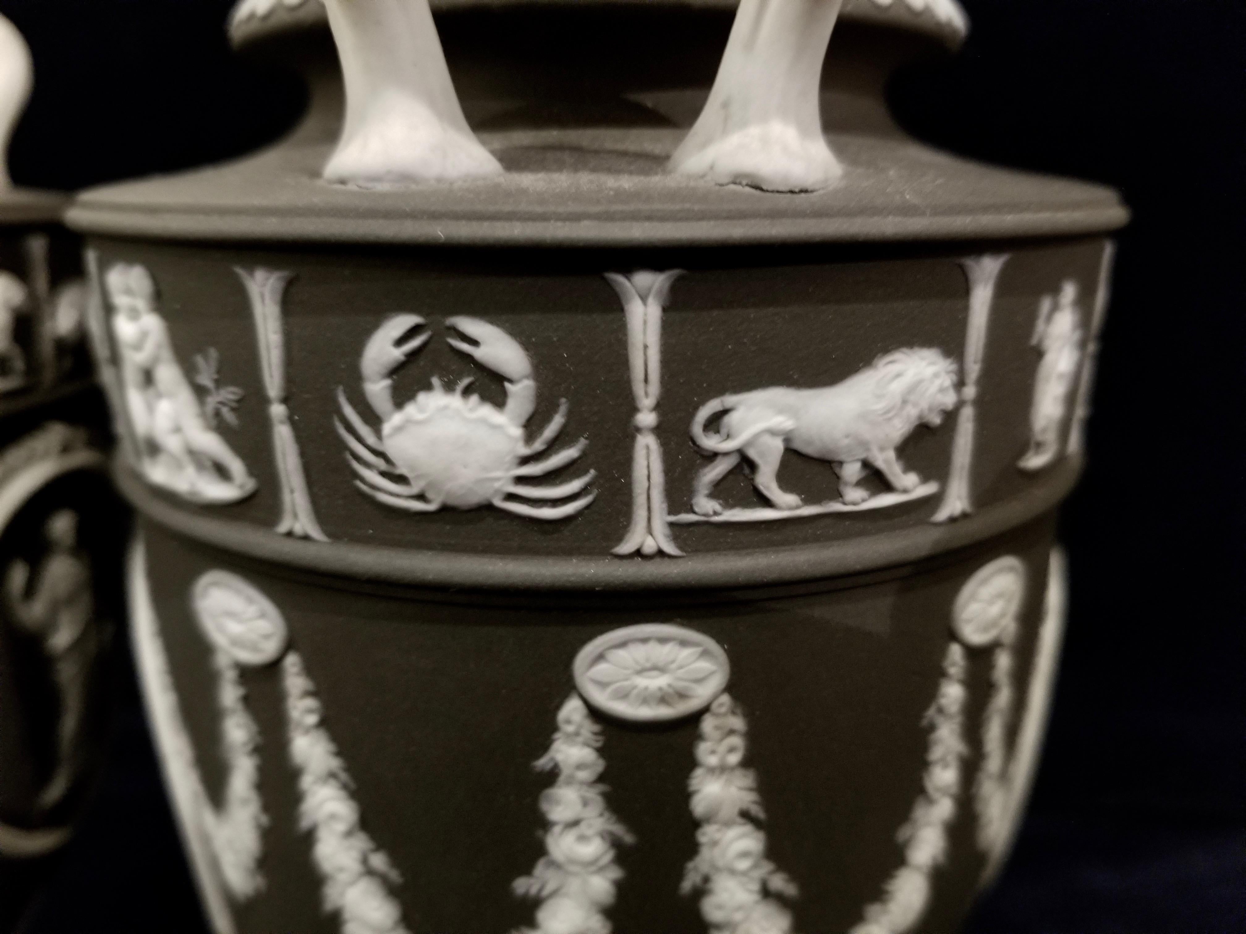 Pair of English Jasperware Lidded Black-Ground Wedgwood Vases with Zodiac Panels 3