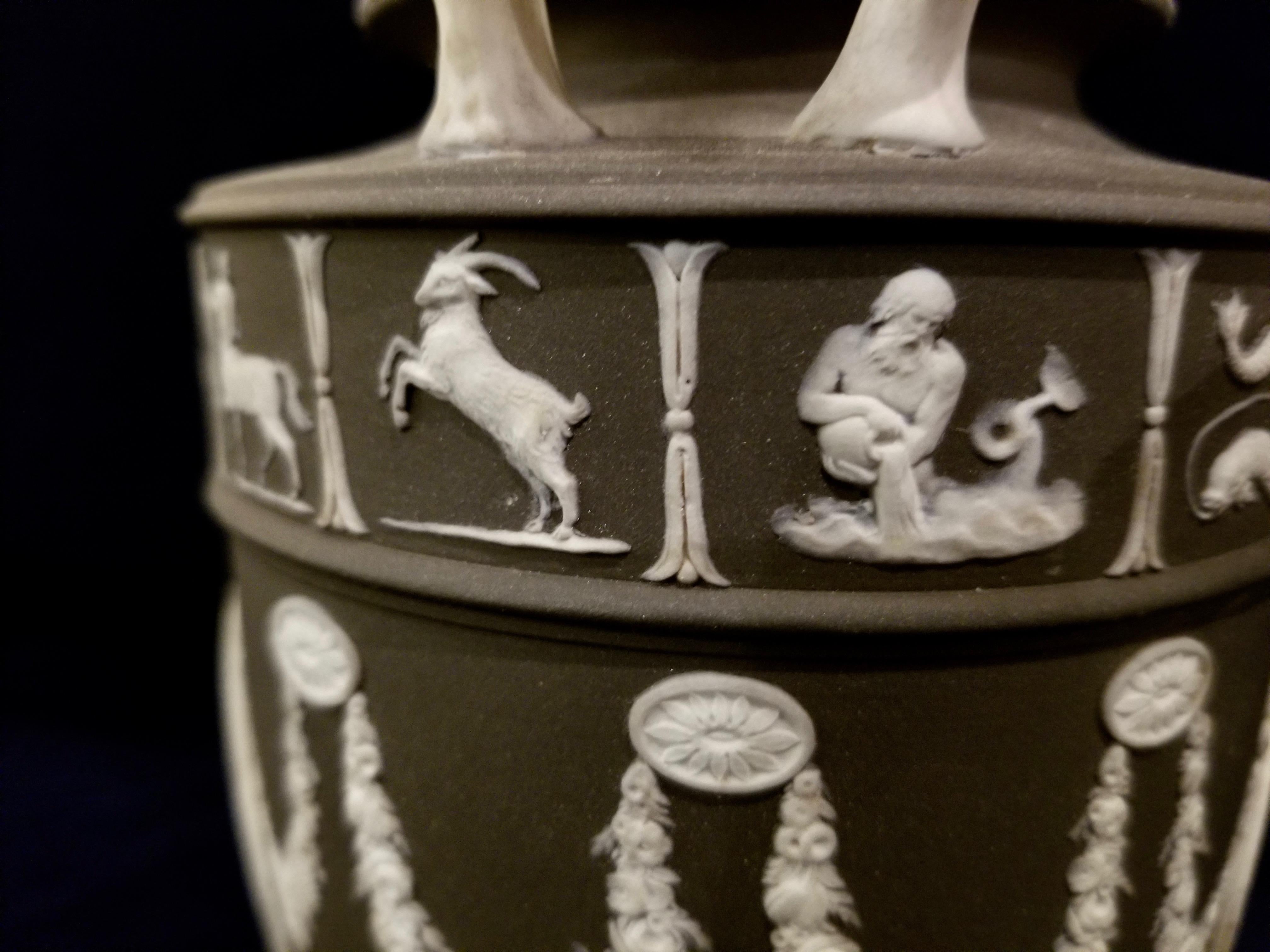 Ceramic Pair of English Jasperware Lidded Black-Ground Wedgwood Vases with Zodiac Panels