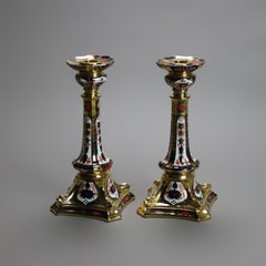 Pr English Royal Crown Derby Old Imari Bone China Gilt Candle Sticks with Seal