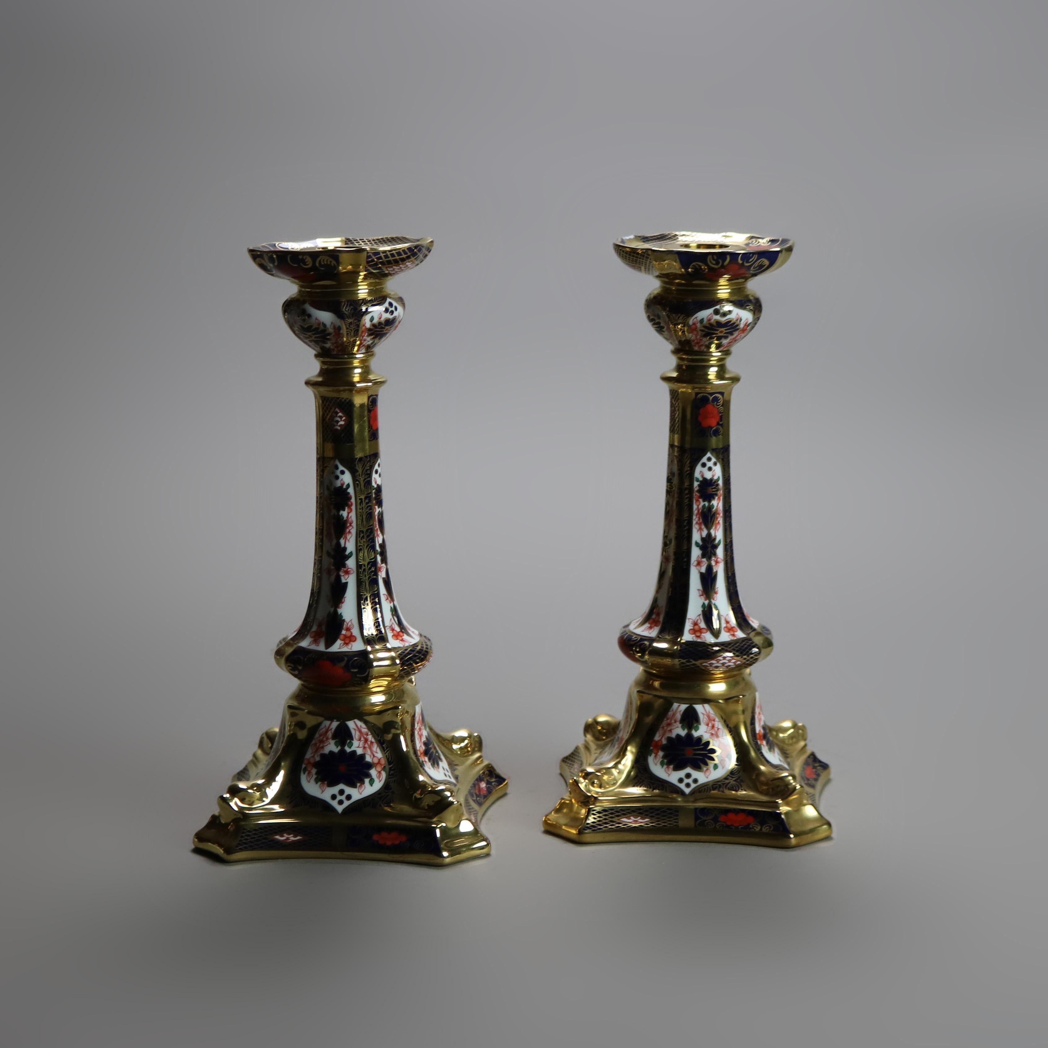Pr English Royal Crown Derby Old Imari Bone China Gilt Candle Sticks with Seal In Good Condition In Big Flats, NY