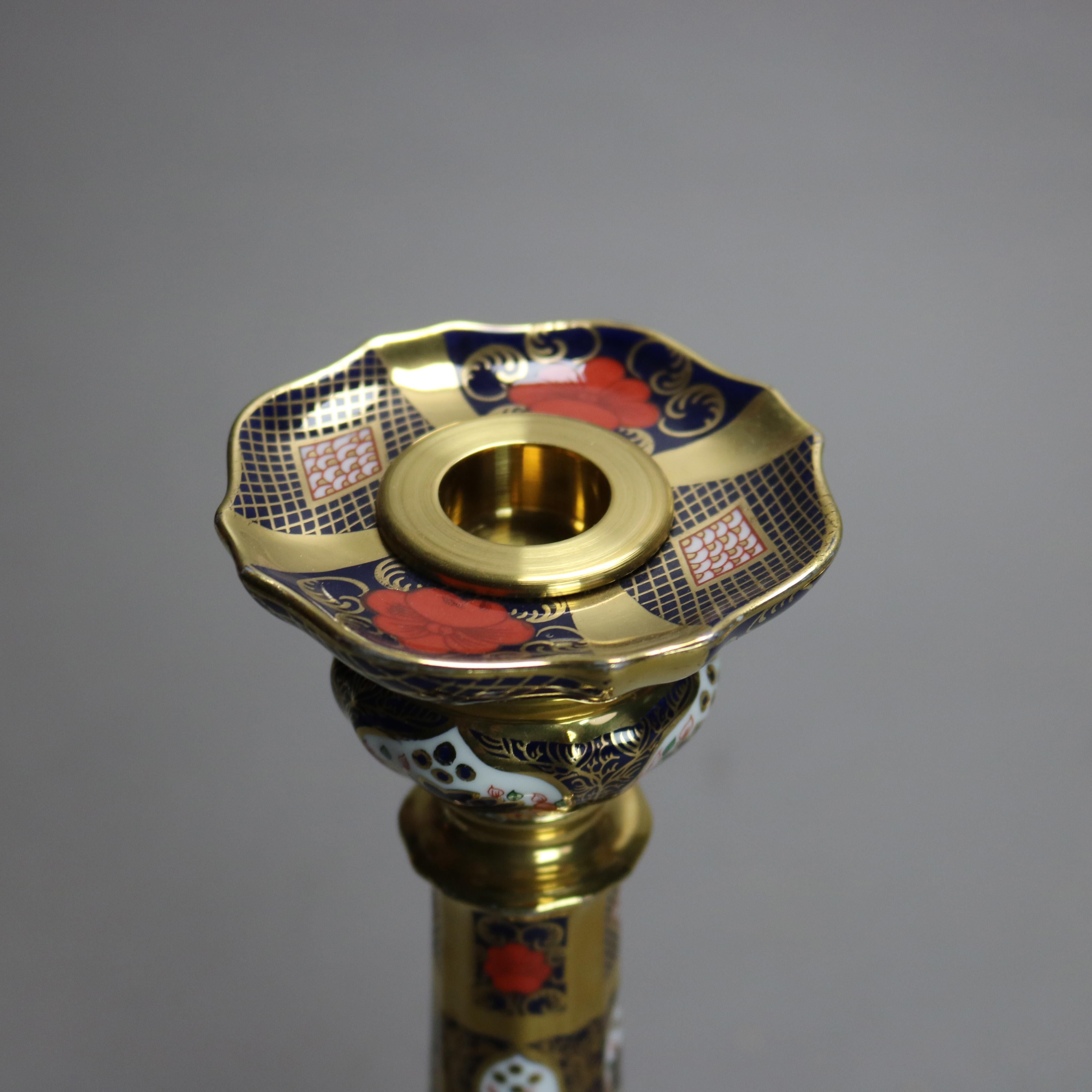20th Century Pr English Royal Crown Derby Old Imari Bone China Gilt Candle Sticks with Seal
