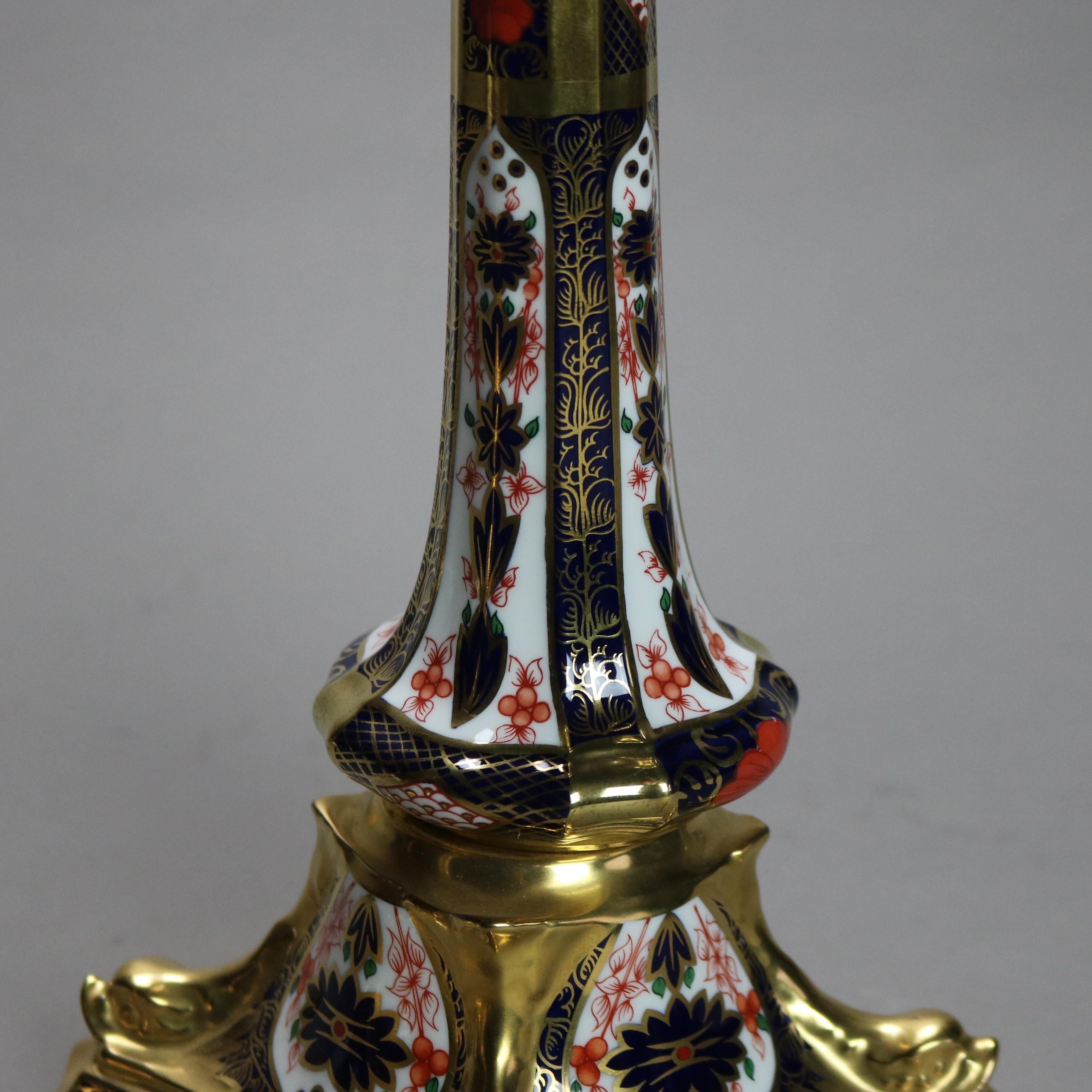 Pr English Royal Crown Derby Old Imari Bone China Gilt Candle Sticks with Seal 1