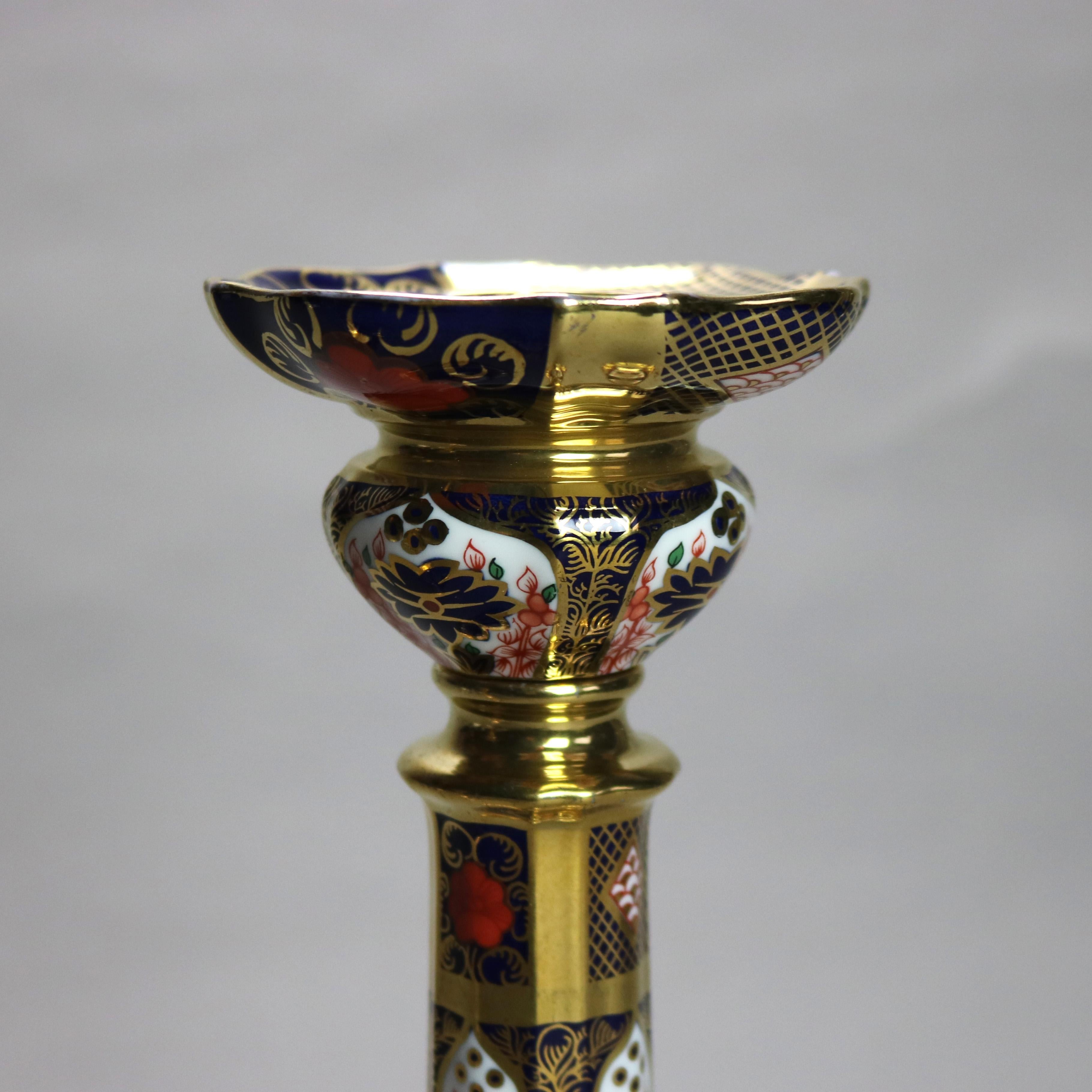 Pr English Royal Crown Derby Old Imari Bone China Gilt Candle Sticks with Seal 2