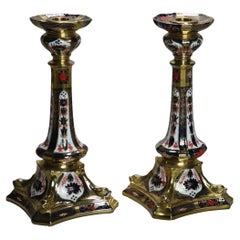 Pr English Royal Crown Derby Old Imari Bone China Gilt Candle Sticks with Seal