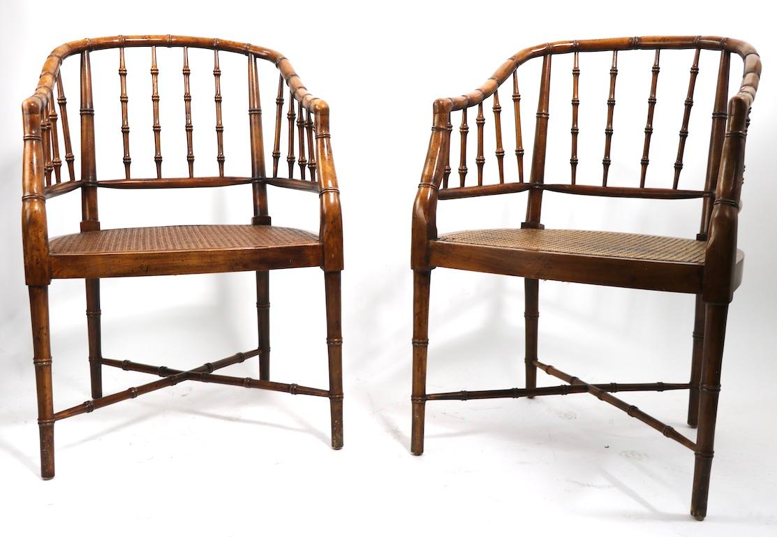 Hollywood Regency Pair of Faux Bamboo Barrel Back Lounge Chairs