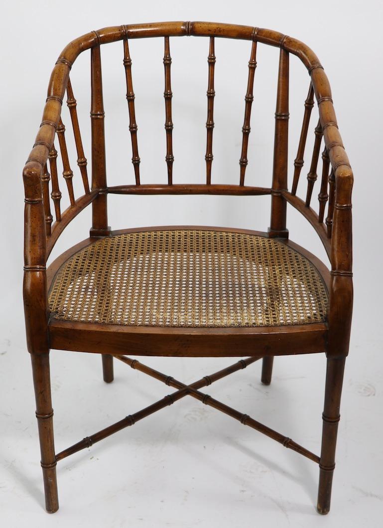 Pair of Faux Bamboo Barrel Back Lounge Chairs In Good Condition In New York, NY