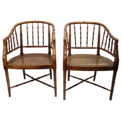 Pair of Faux Bamboo Barrel Back Lounge Chairs