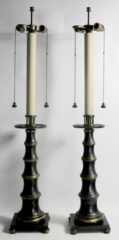 Pr. Faux Bamboo Brass Table Lamps by Stiffel