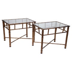 Pr. Faux Bamboo Gilt Finish Glass Top Side End Tables 