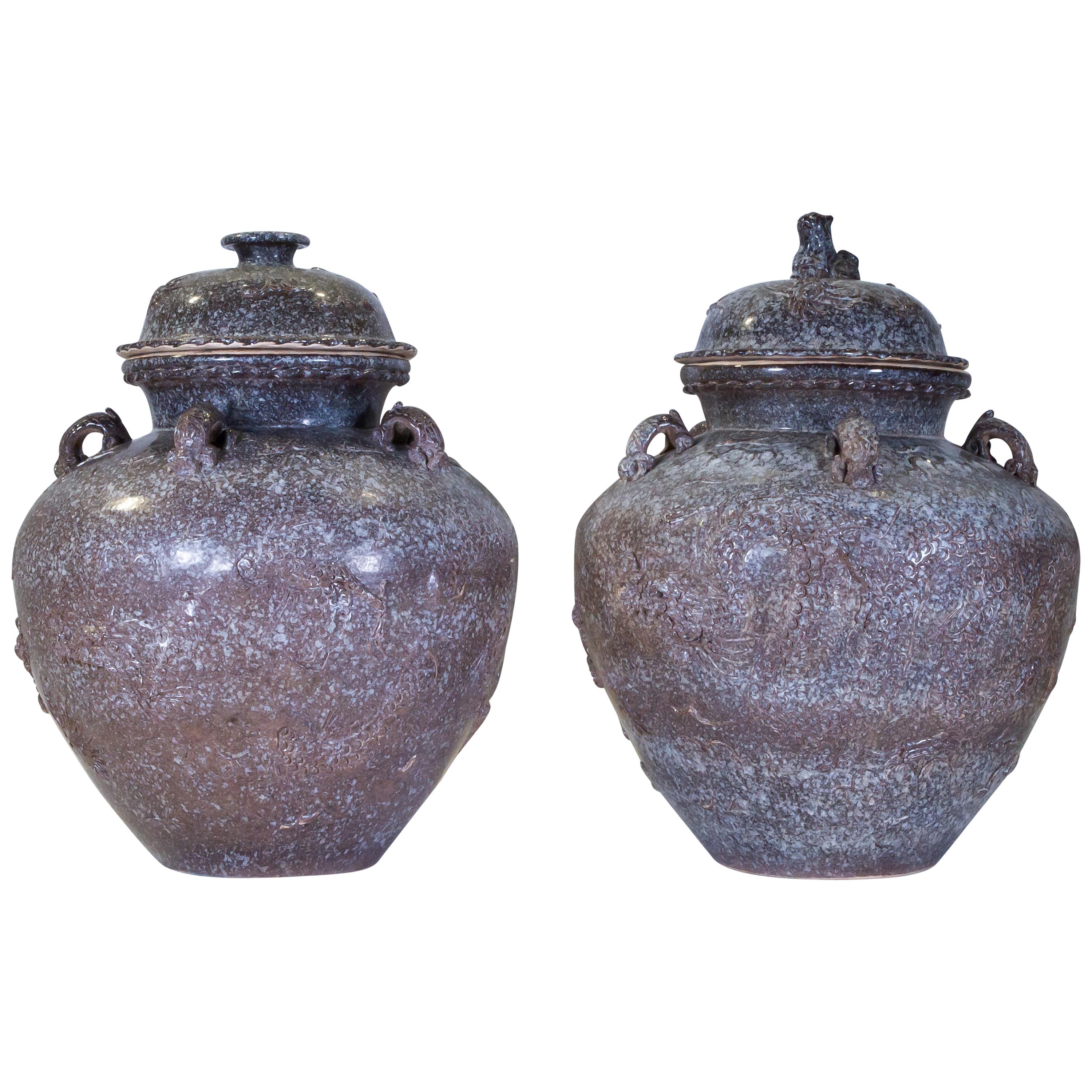 Pr Faux Swedish Porphyry Ceramic Covered Vases w/ Sea Creatures Design in Relief