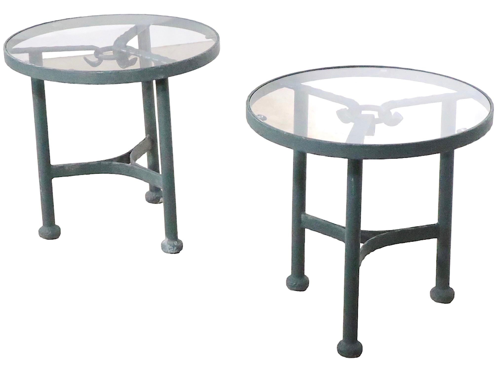 20th Century Pr. Faux Verdigris Metal and Glass Garden Patio Side Tables after Giacometti 
