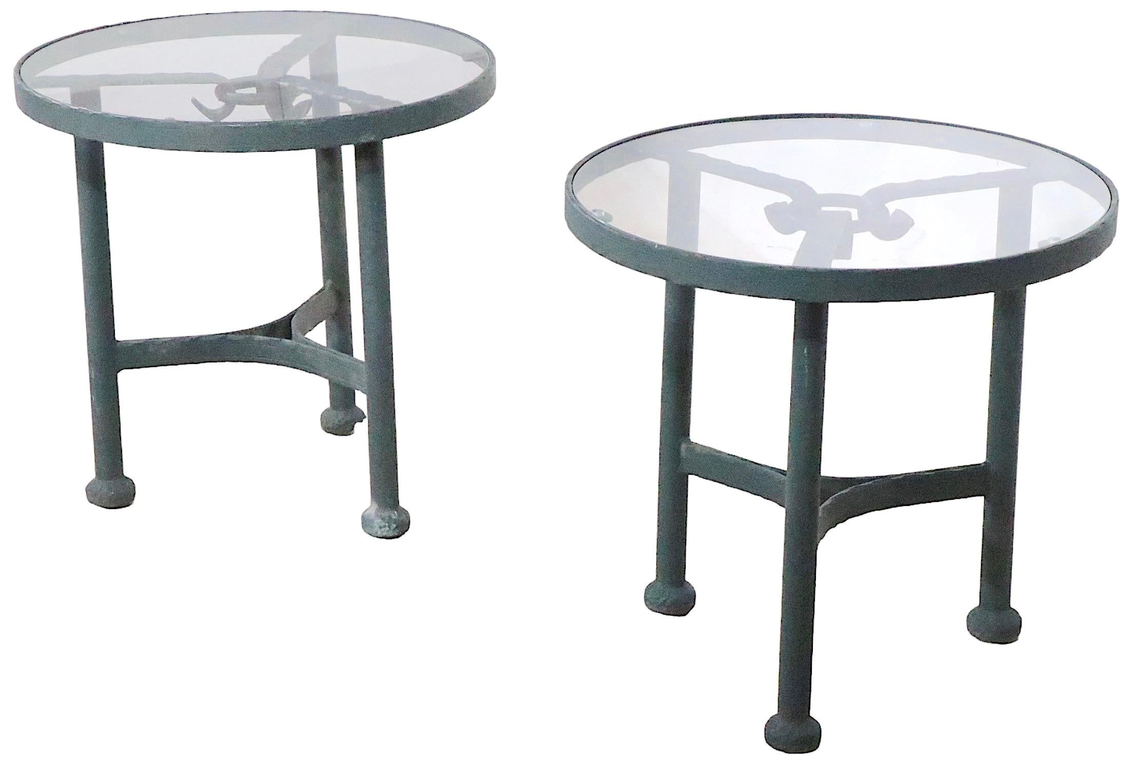 Aluminum Pr. Faux Verdigris Metal and Glass Garden Patio Side Tables after Giacometti 