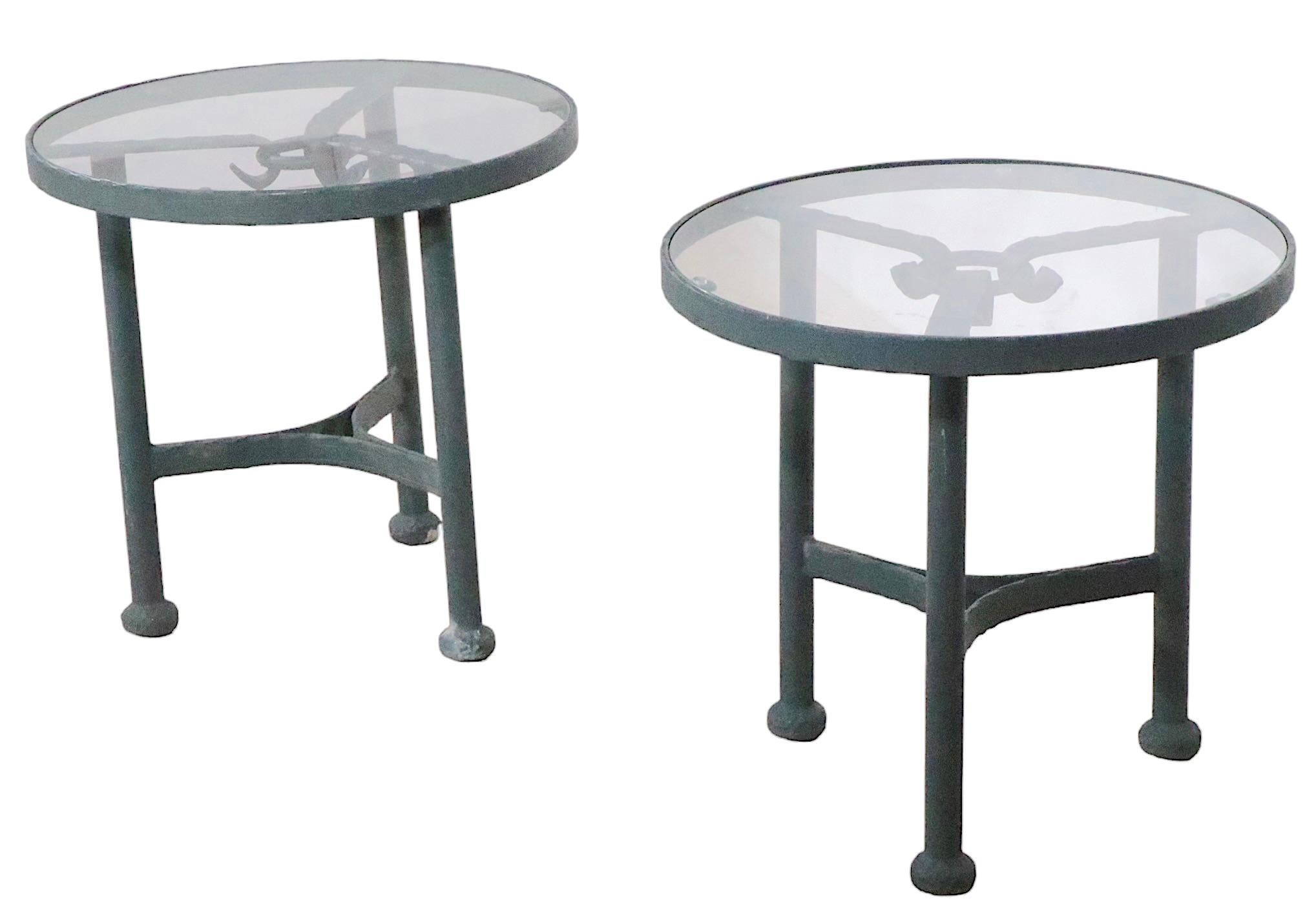 Pr. Faux Verdigris Metal and Glass Garden Patio Side Tables after Giacometti  1
