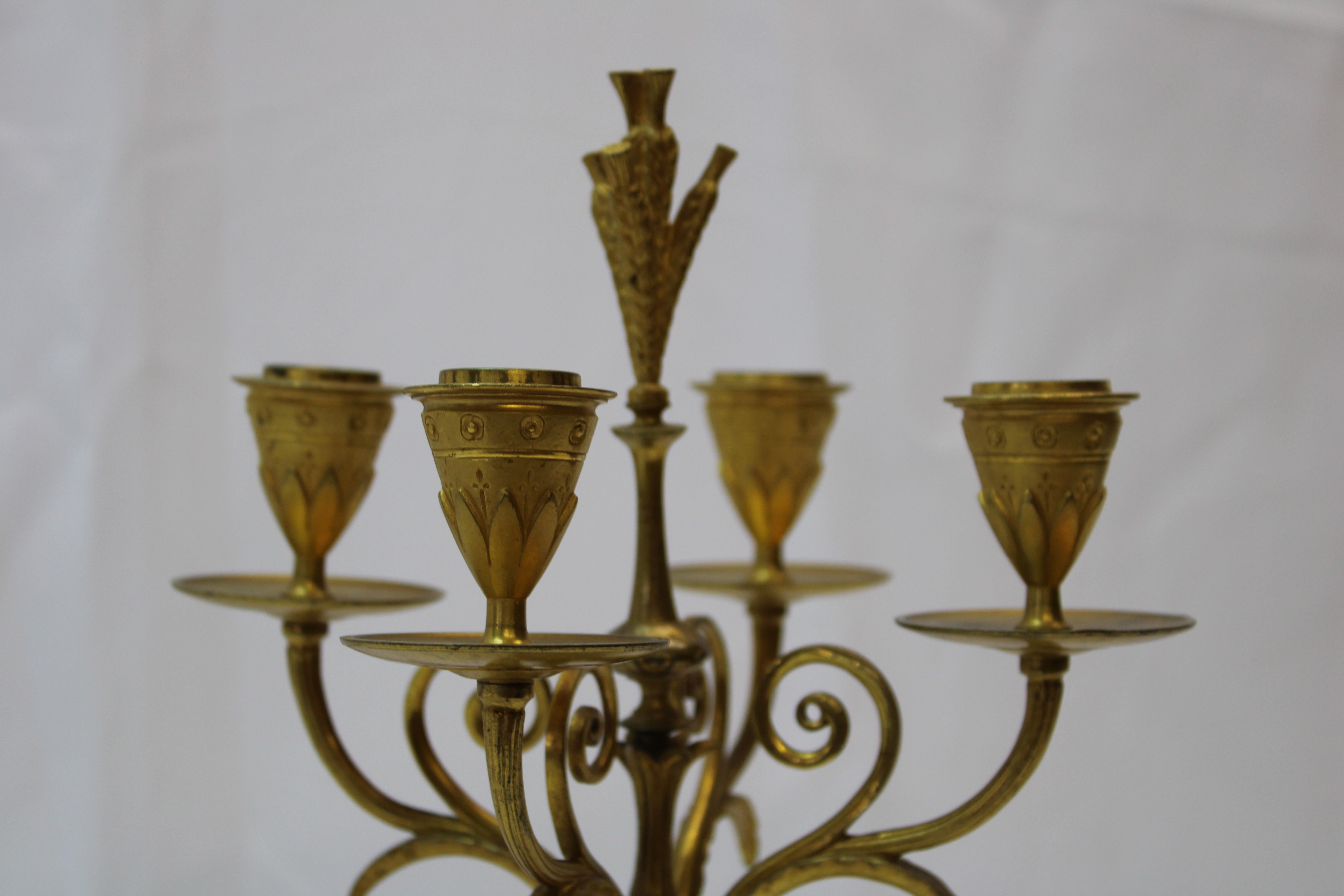 Unknown Pr Four Arm Gilded Candlesticks, 19th Century with Lion Paw Feet For Sale