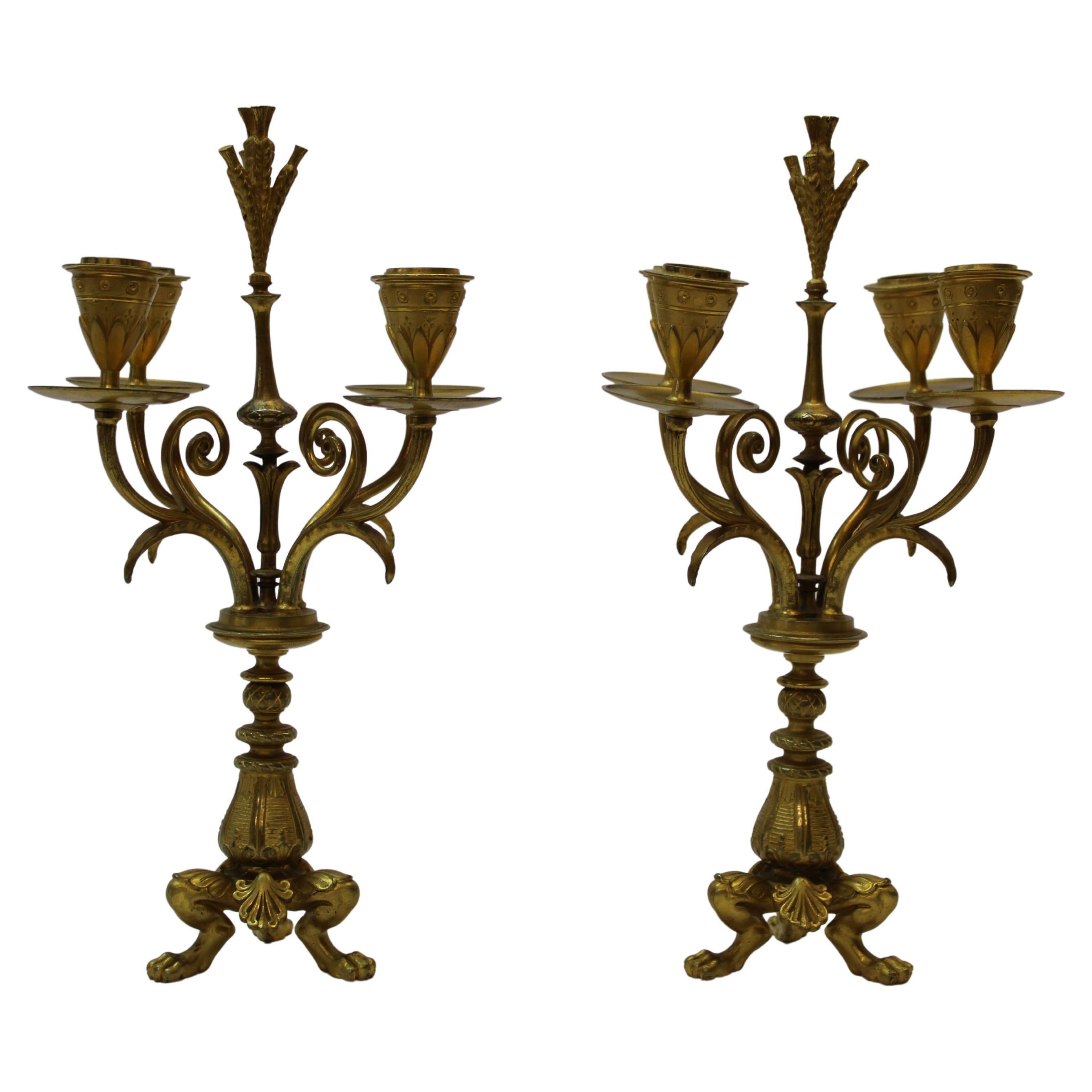 Pr Four Arm Gilded Candlesticks, 19th Century with Lion Paw Feet For Sale