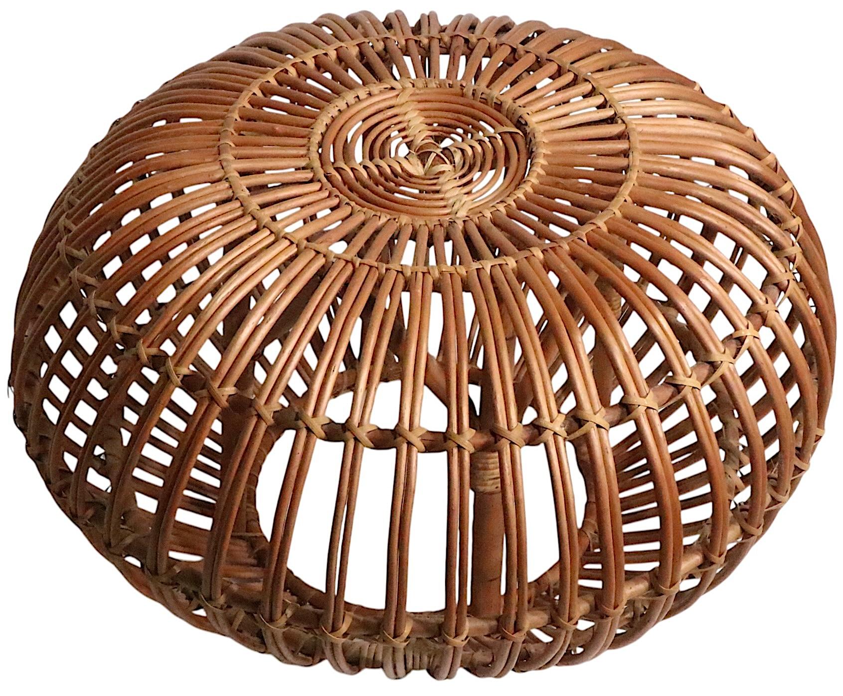 Pair of bamboo, willow reed ottomans, stools, tables. designed by Franco Albini. Interestingly, the original owner had glass tops custom made, to use these as end, or side tables, the glass tops ( 24