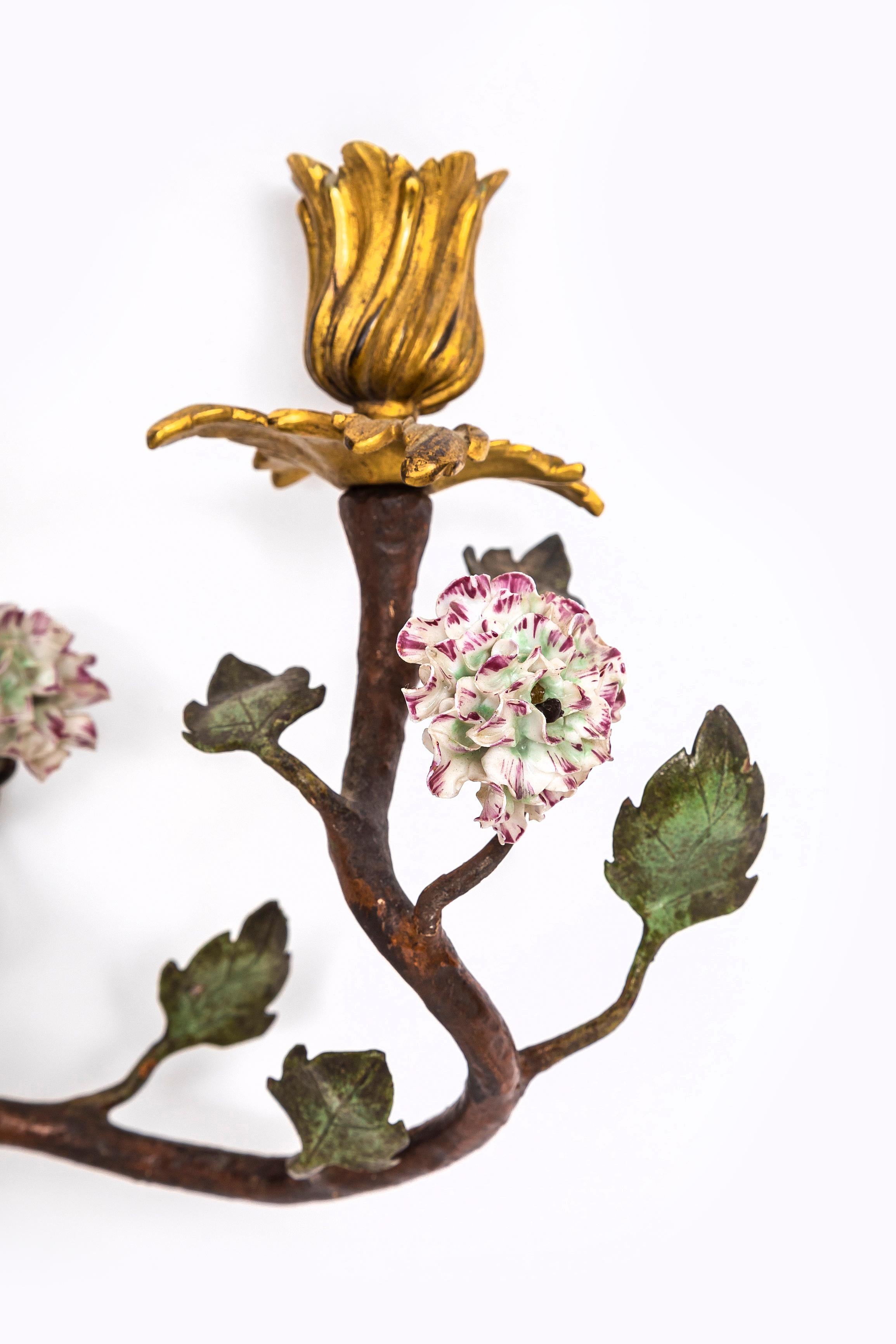 Pr. French 18th C. Ormolu, Patinated Bronze, & Meissen Porcelain Flower Sconces For Sale 4