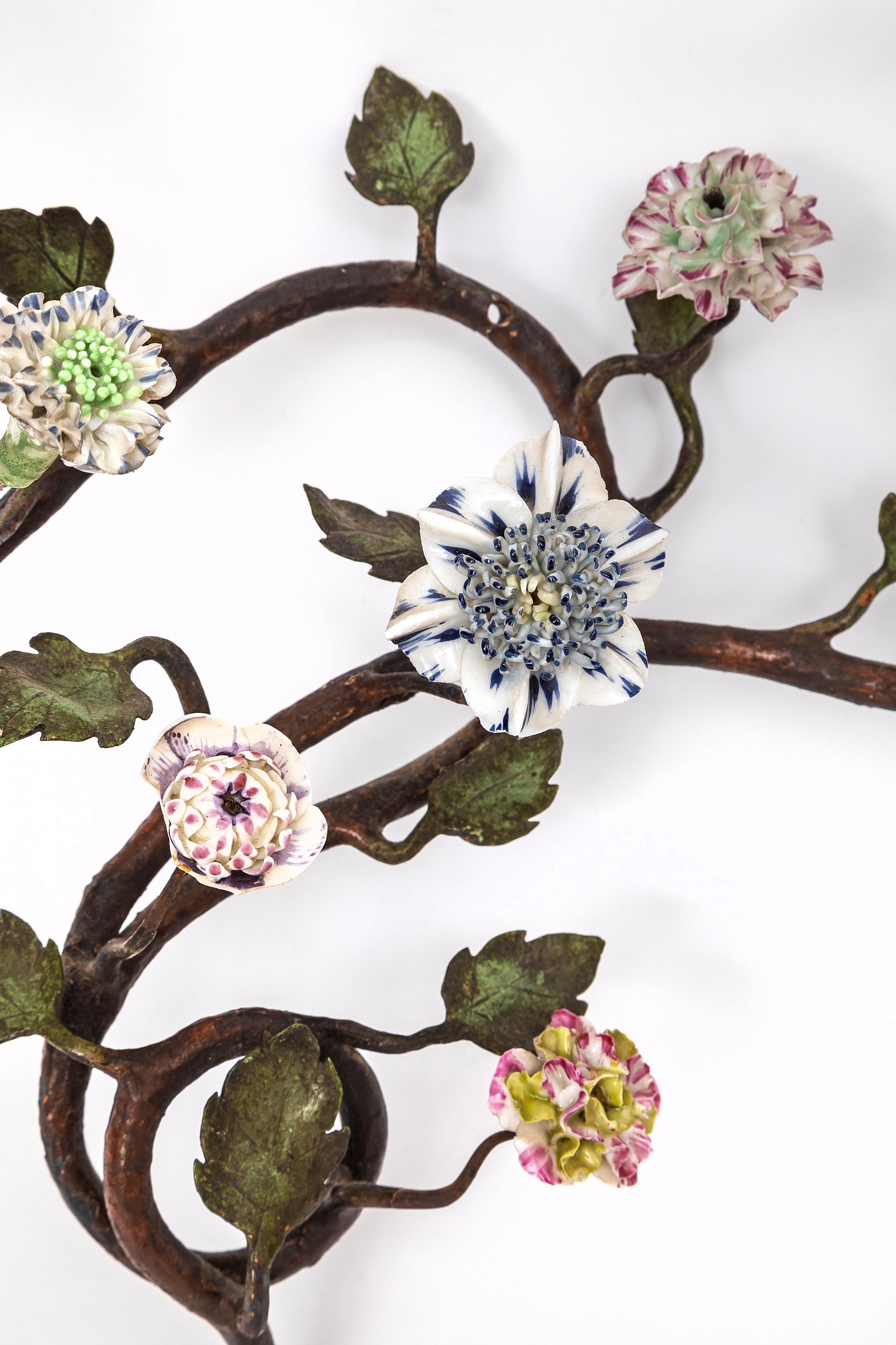 Pr. French 18th C. Ormolu, Patinated Bronze, & Meissen Porcelain Flower Sconces For Sale 5