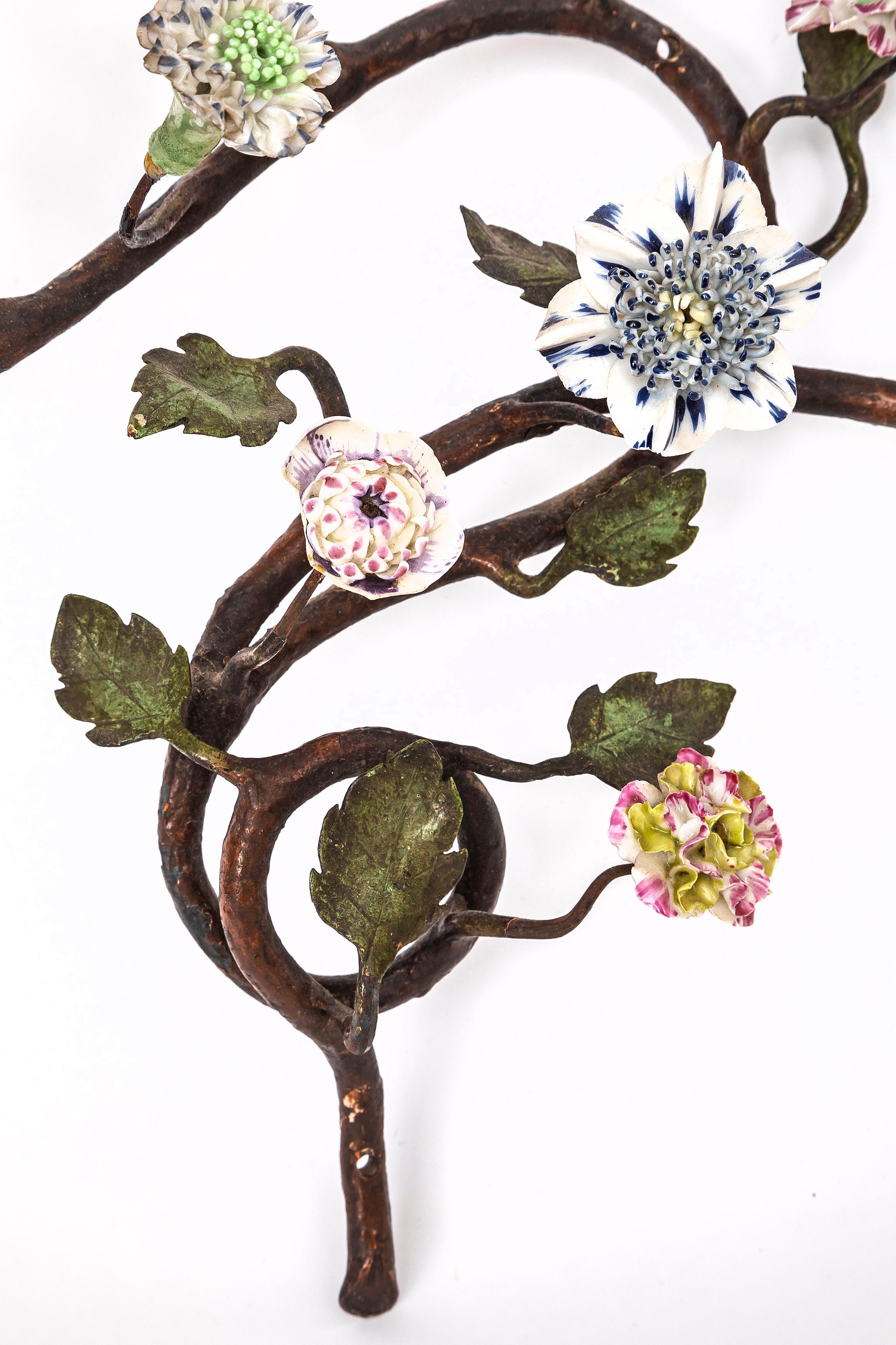 Pr. French 18th C. Ormolu, Patinated Bronze, & Meissen Porcelain Flower Sconces For Sale 6