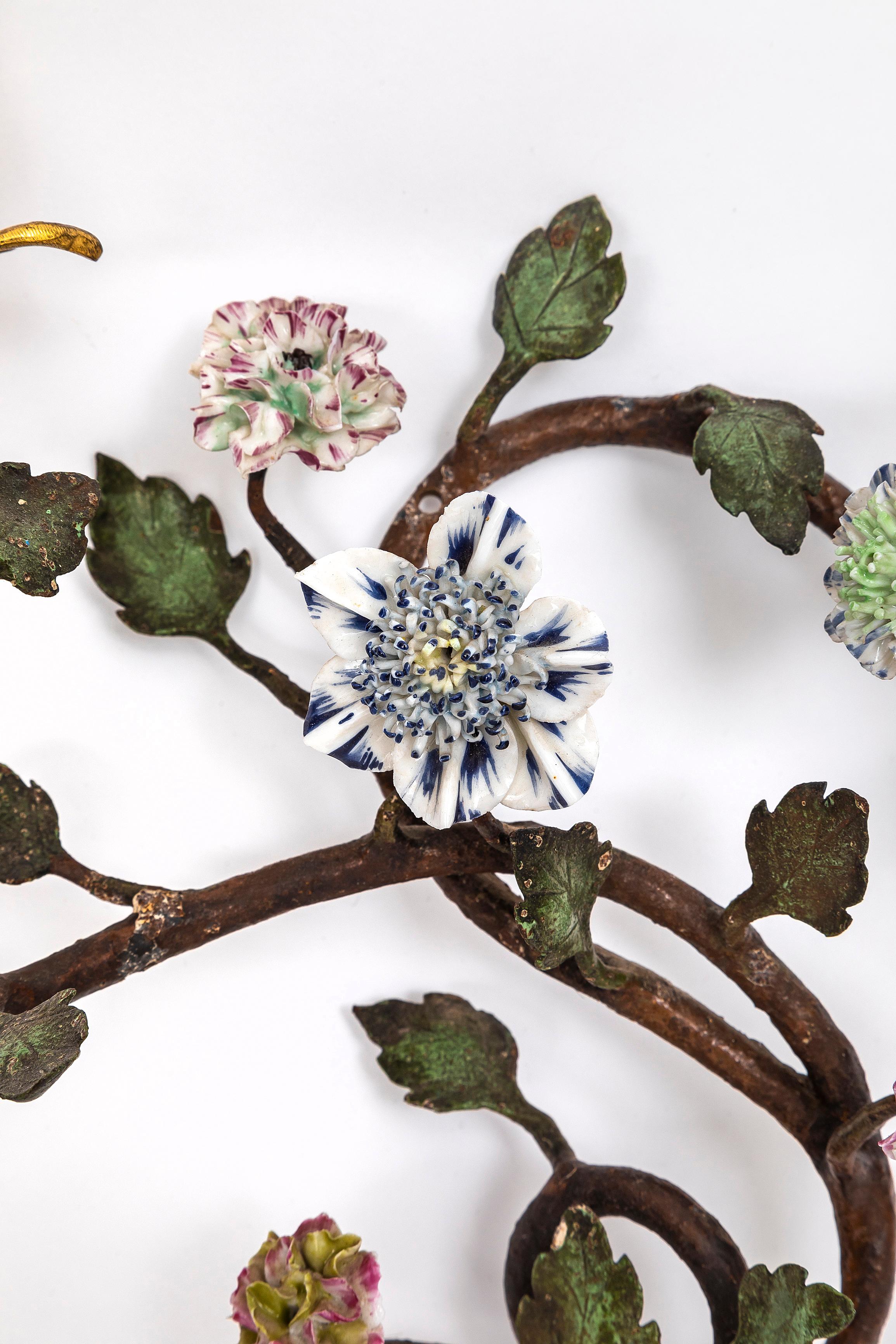 Pr. French 18th C. Ormolu, Patinated Bronze, & Meissen Porcelain Flower Sconces For Sale 7