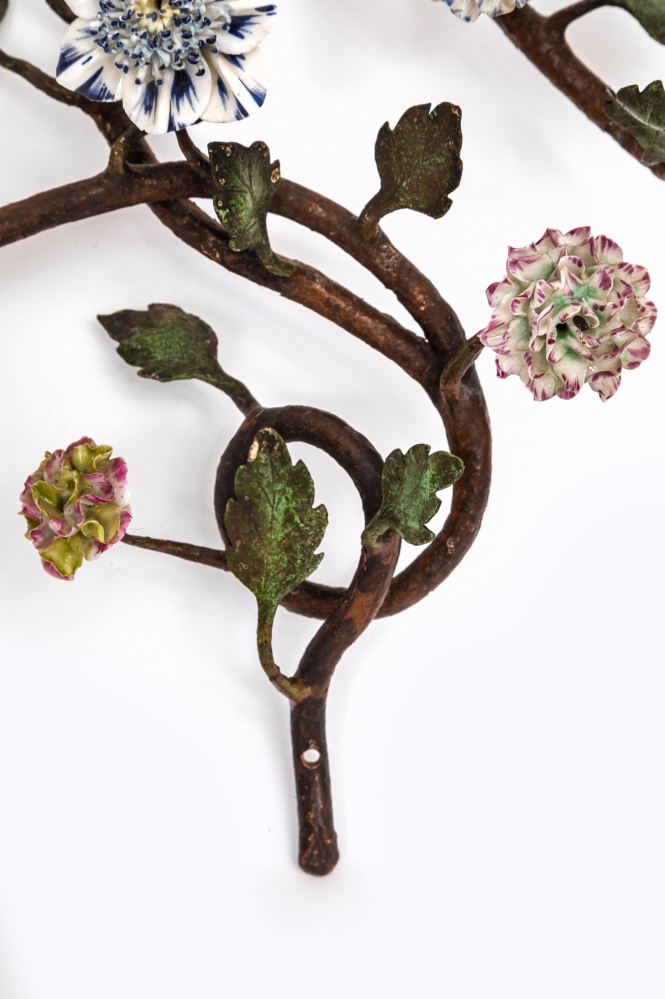 Pr. French 18th C. Ormolu, Patinated Bronze, & Meissen Porcelain Flower Sconces For Sale 8
