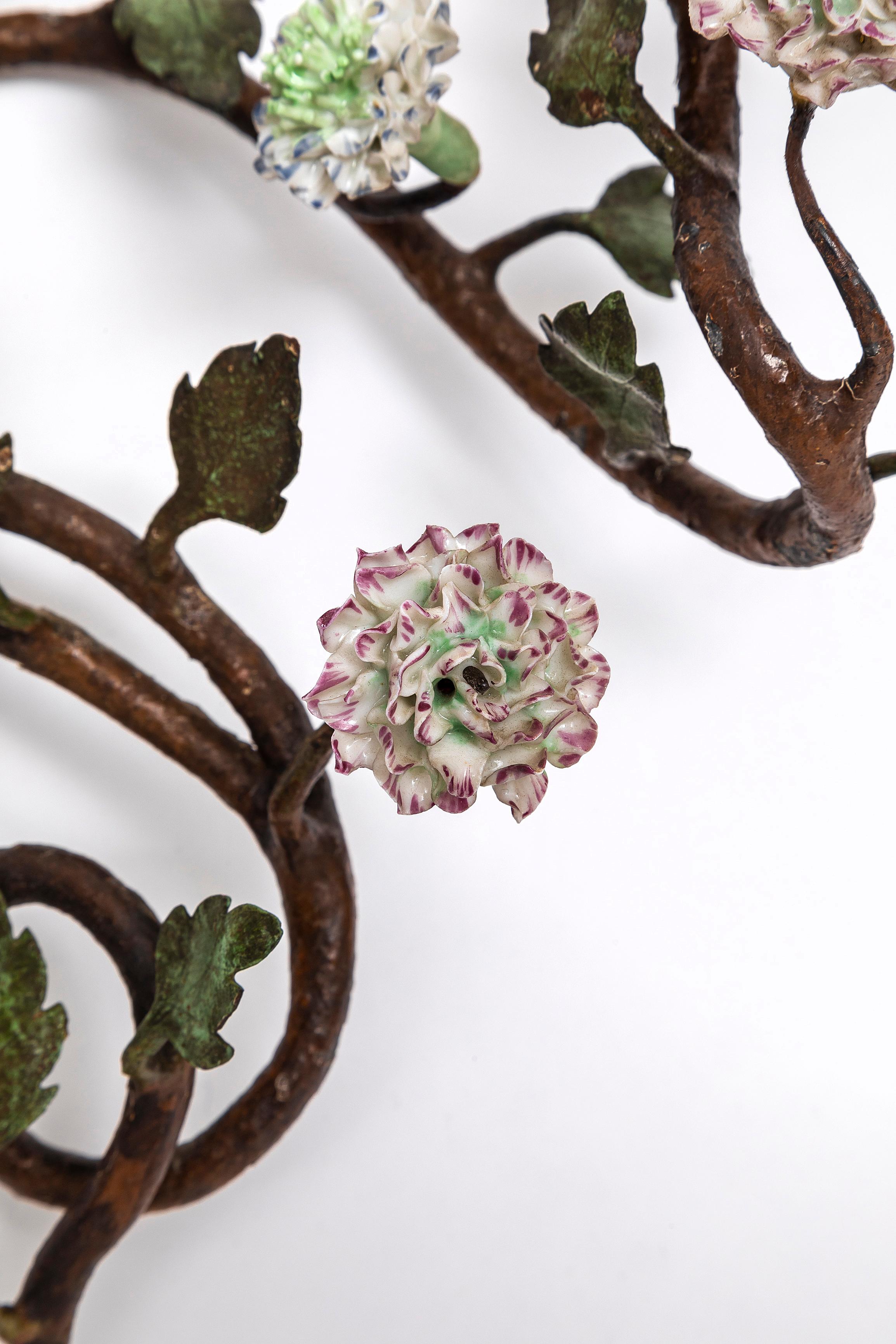 Pr. French 18th C. Ormolu, Patinated Bronze, & Meissen Porcelain Flower Sconces For Sale 9