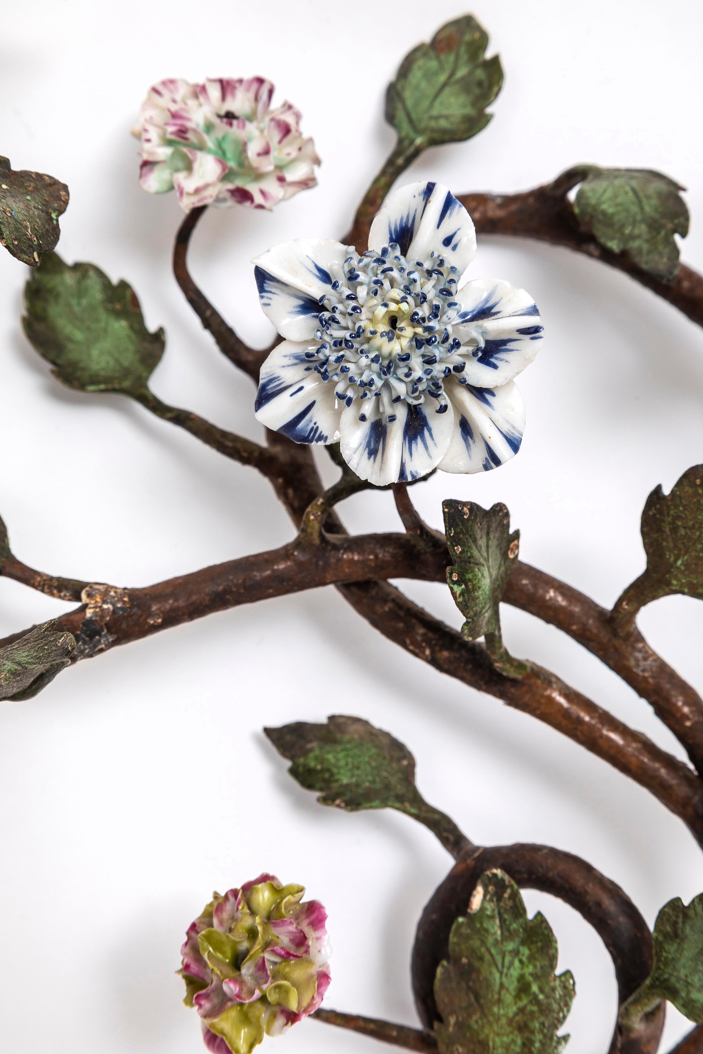 Pr. French 18th C. Ormolu, Patinated Bronze, & Meissen Porcelain Flower Sconces For Sale 10
