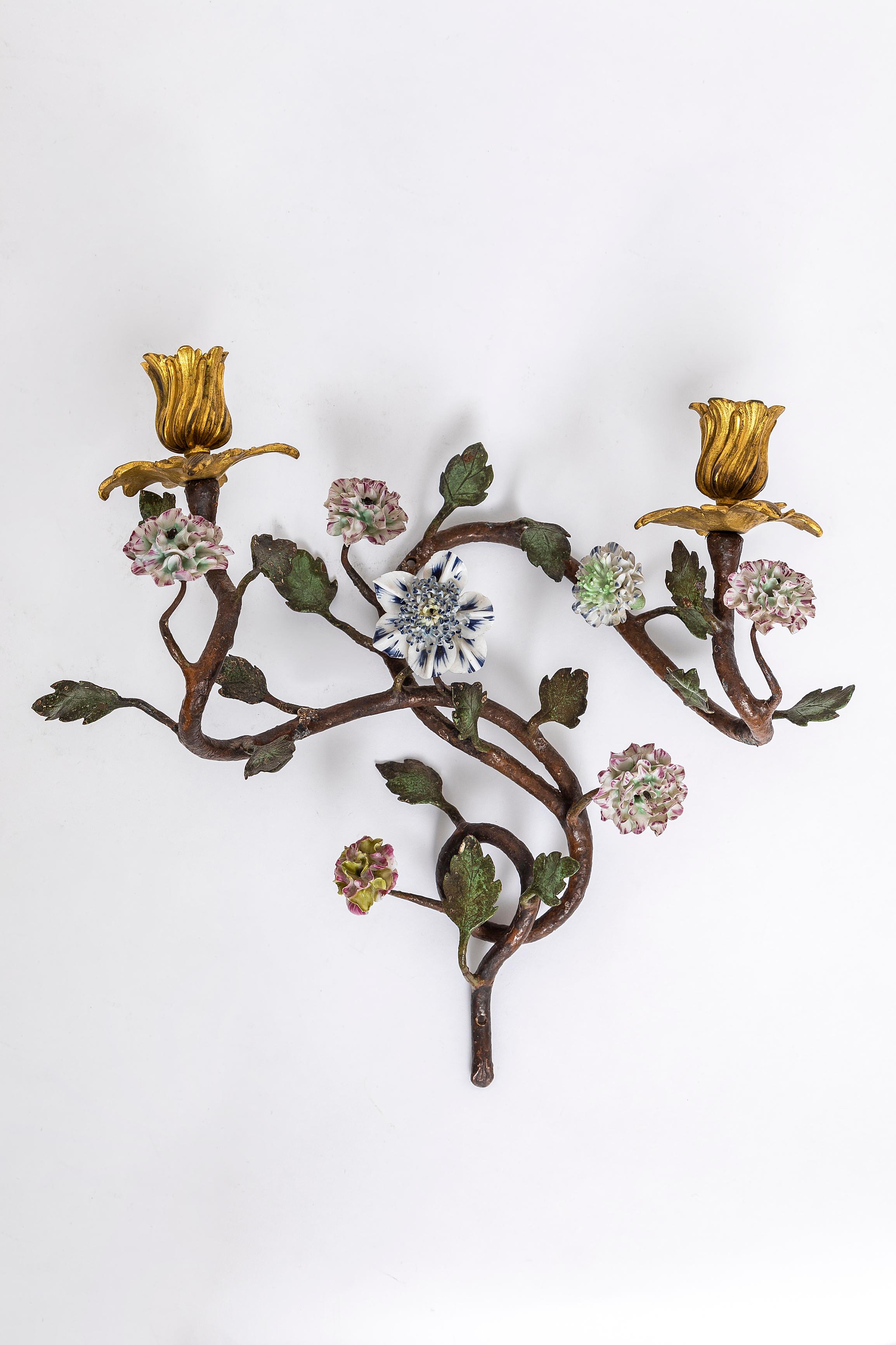 Louis XV Pr. French 18th C. Ormolu, Patinated Bronze, & Meissen Porcelain Flower Sconces For Sale
