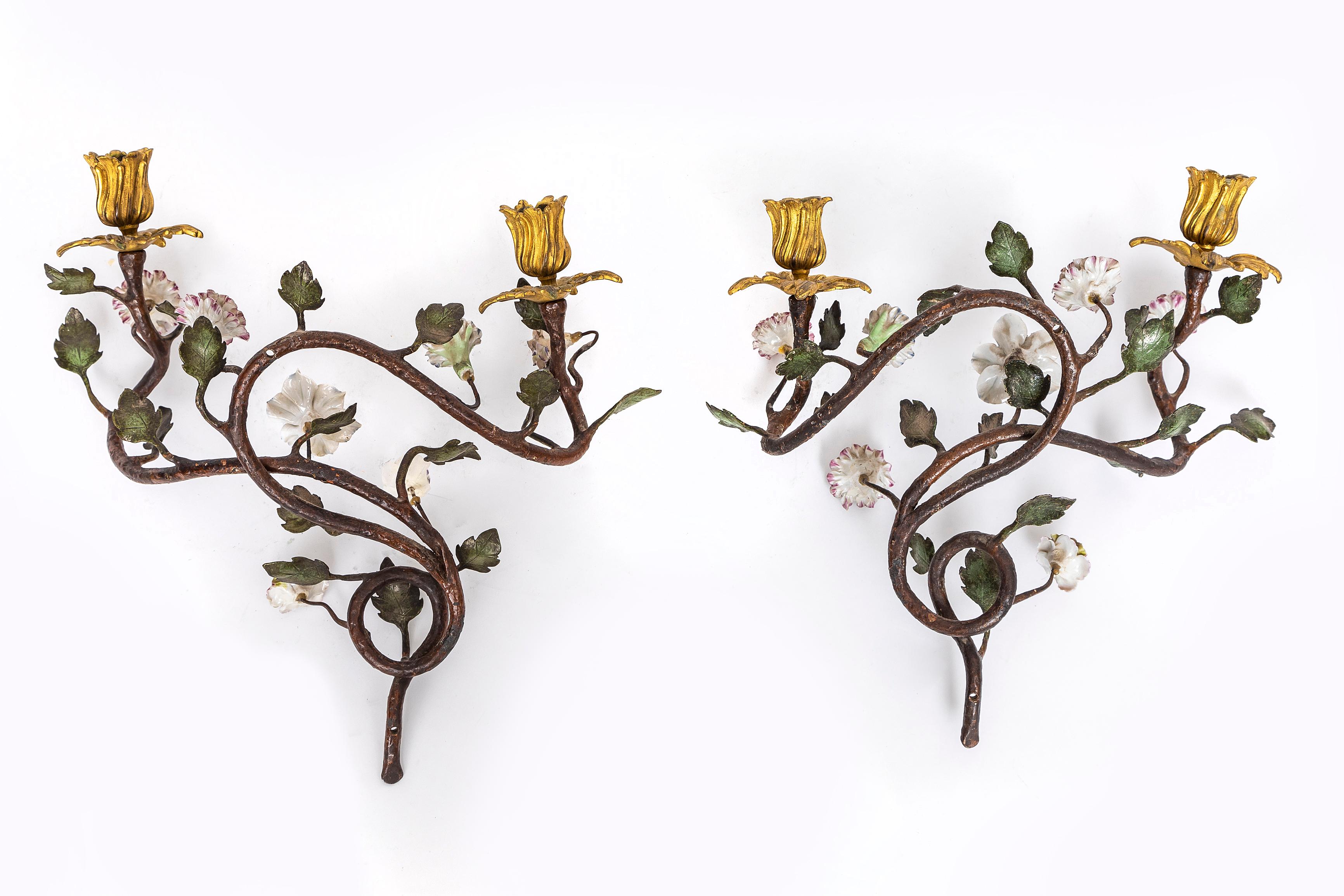 Gilt Pr. French 18th C. Ormolu, Patinated Bronze, & Meissen Porcelain Flower Sconces For Sale