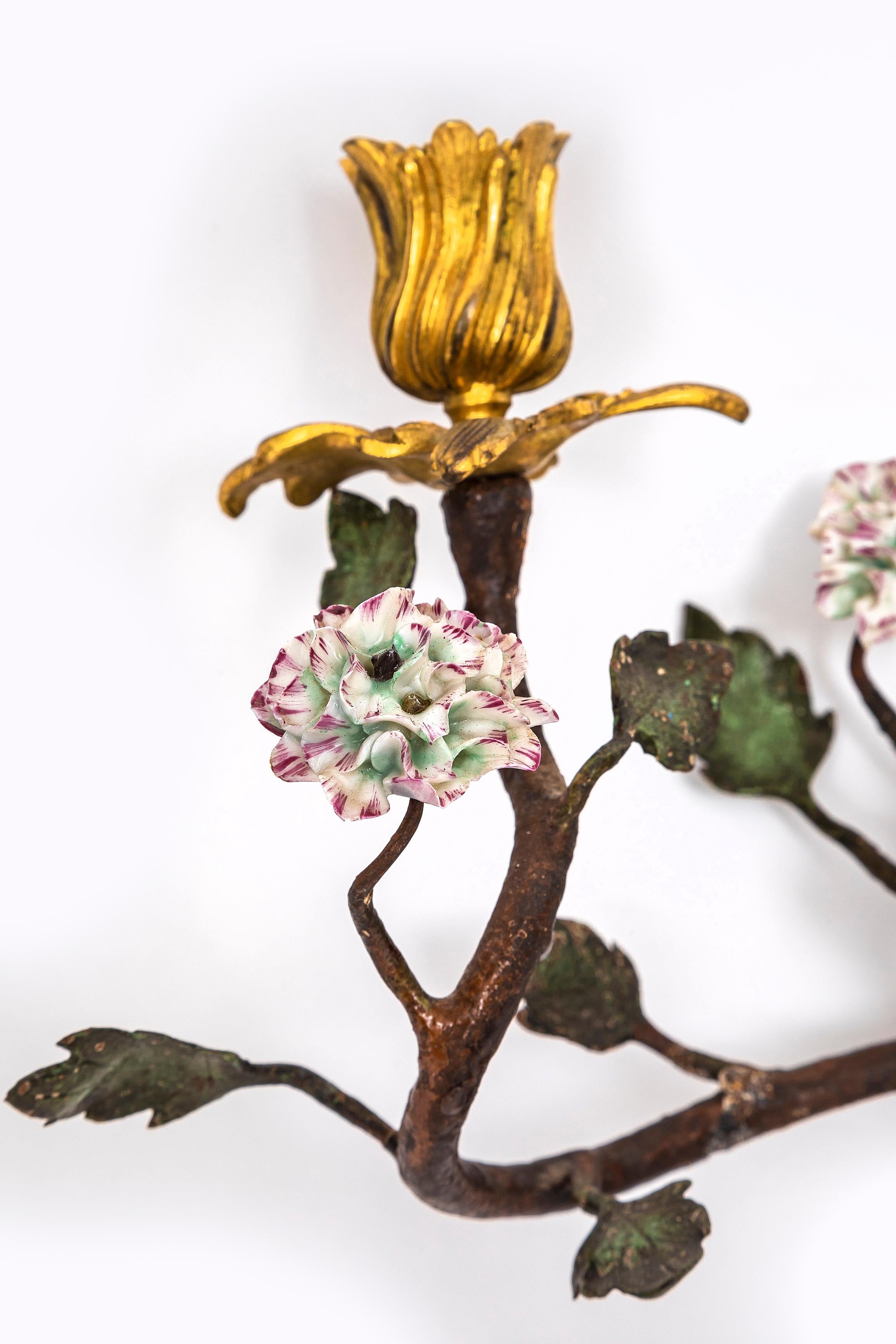 Pr. French 18th C. Ormolu, Patinated Bronze, & Meissen Porcelain Flower Sconces For Sale 1