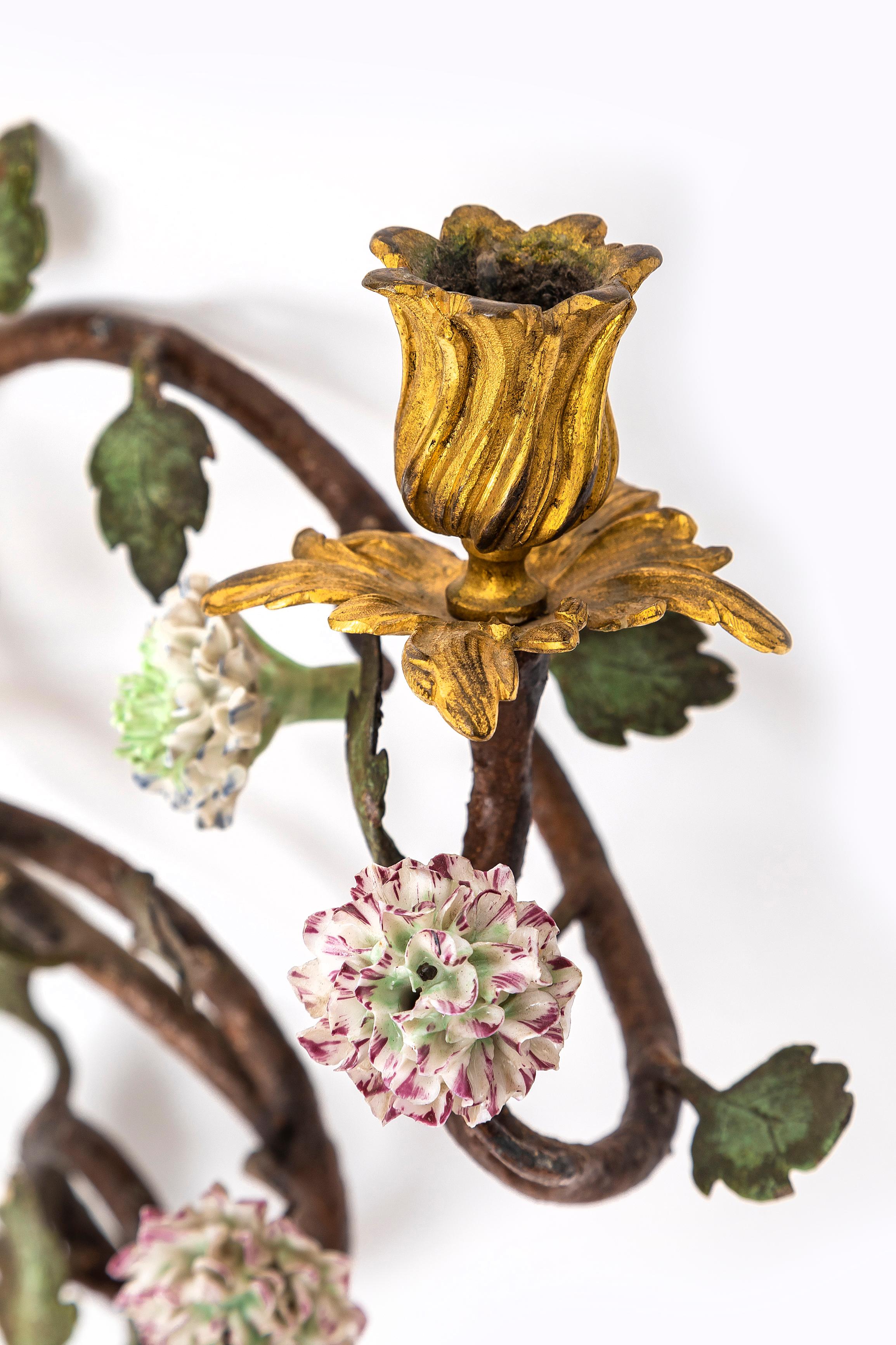 Pr. French 18th C. Ormolu, Patinated Bronze, & Meissen Porcelain Flower Sconces For Sale 3