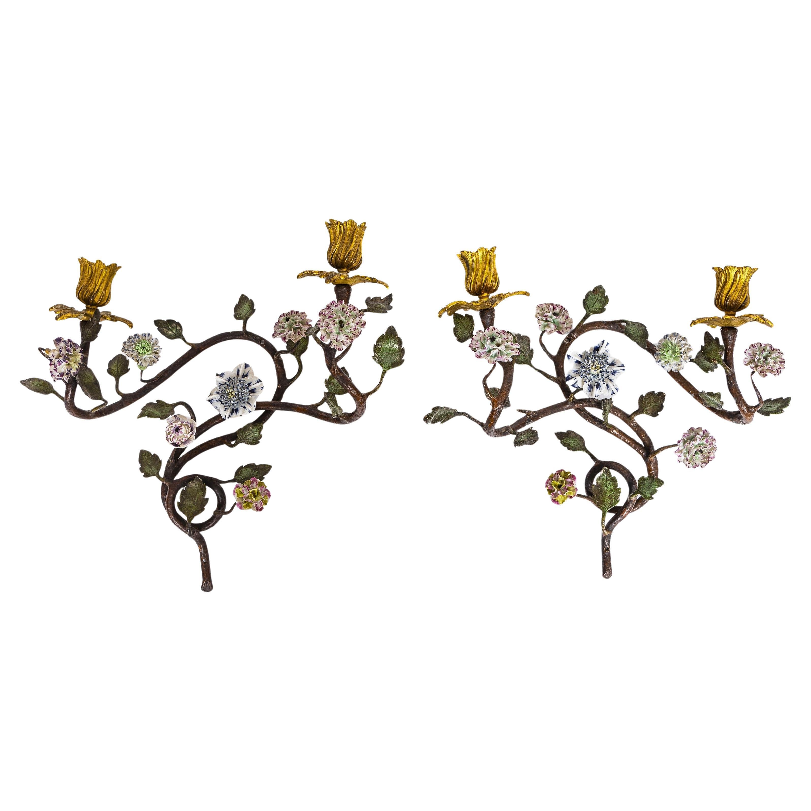 Pr. French 18th C. Ormolu, Patinated Bronze, & Meissen Porcelain Flower Sconces For Sale