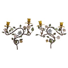 Pr. French 18th C. Ormolu, Patinated Bronze, & Meissen Porcelain Flower Sconces