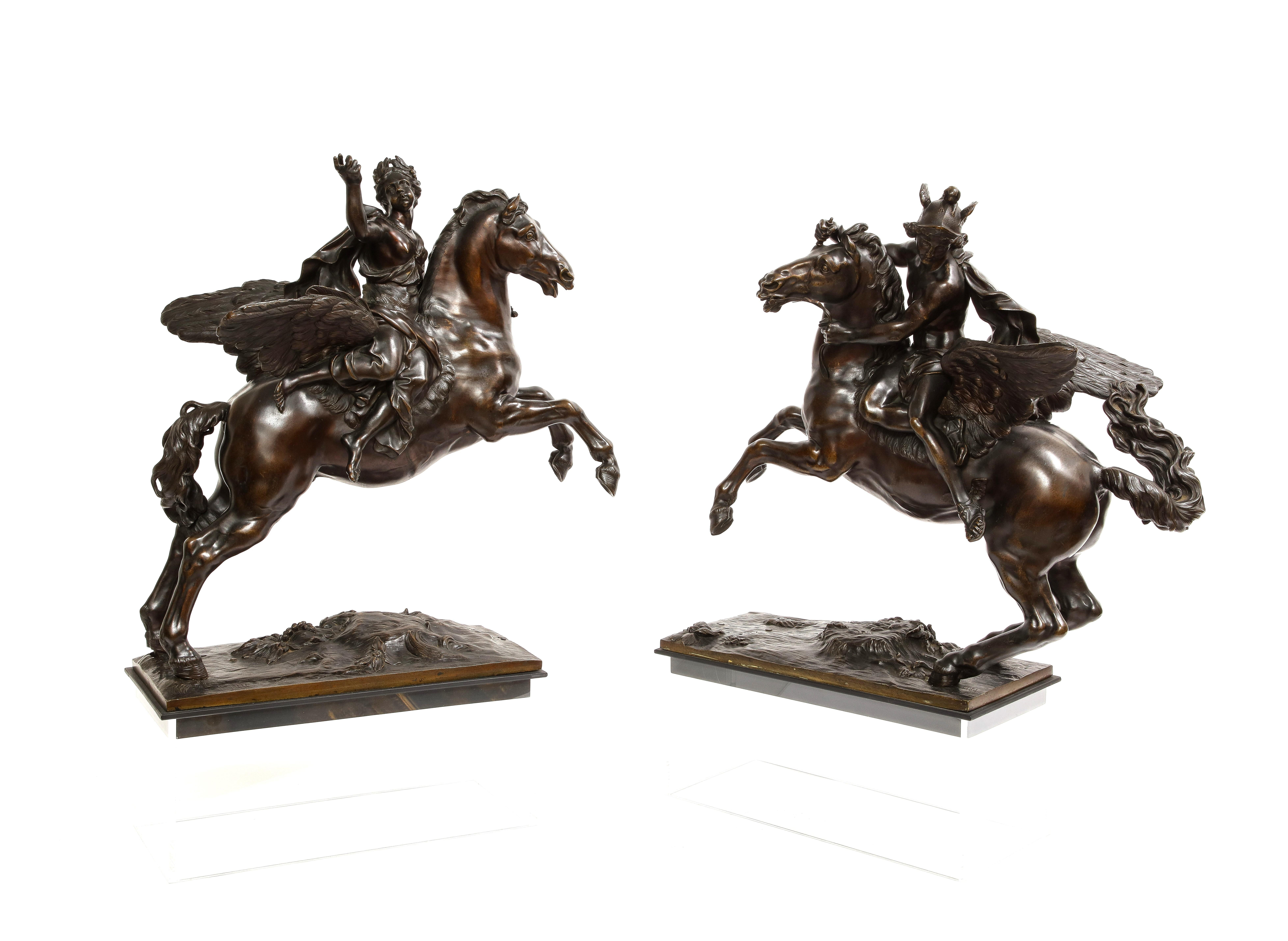 Patinated Pr. French 19th C. Bronze Groups Fame & Mercury After Models by Antoine Coysevox For Sale