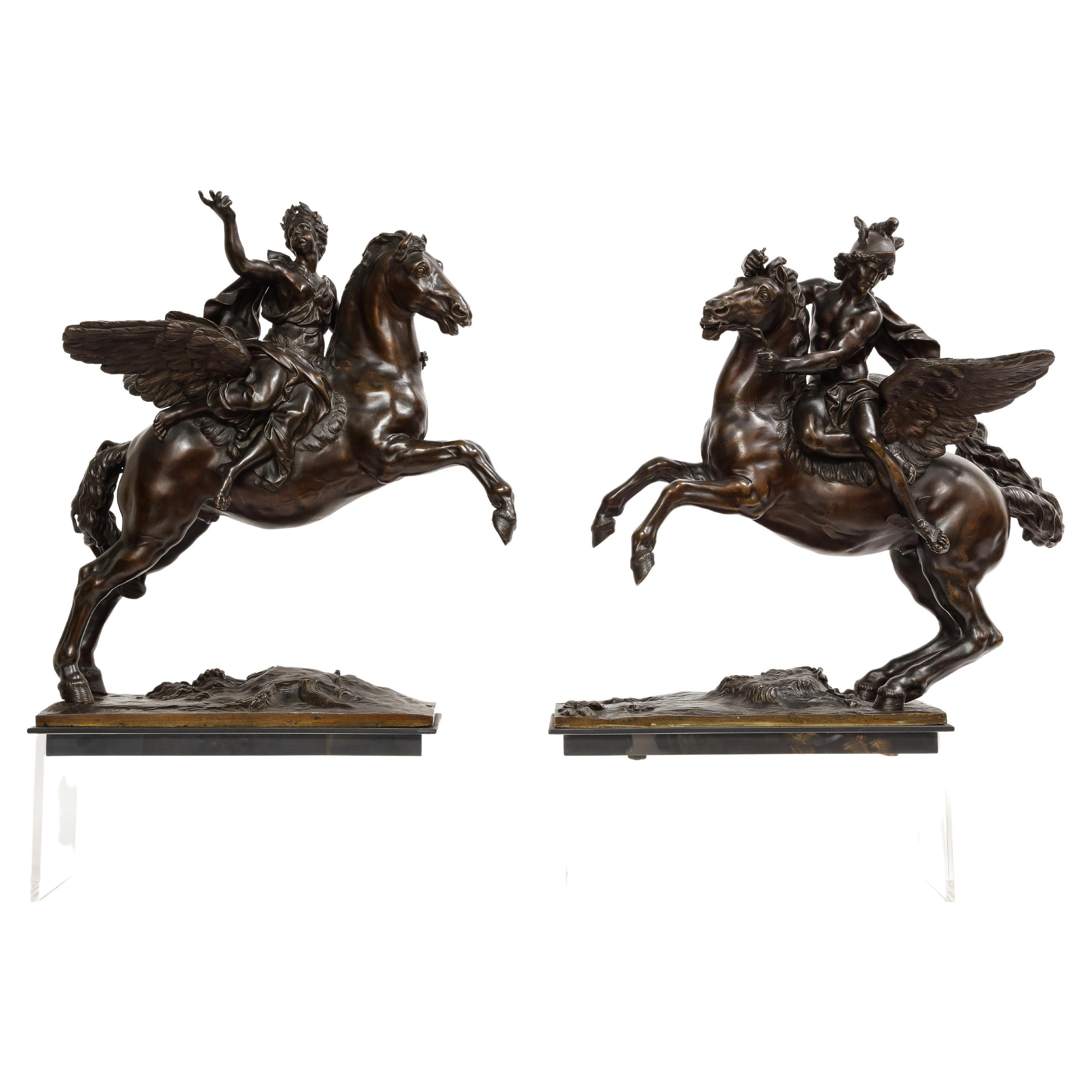 Pr. French 19th C. Bronze Groups Fame & Mercury After Models by Antoine Coysevox For Sale