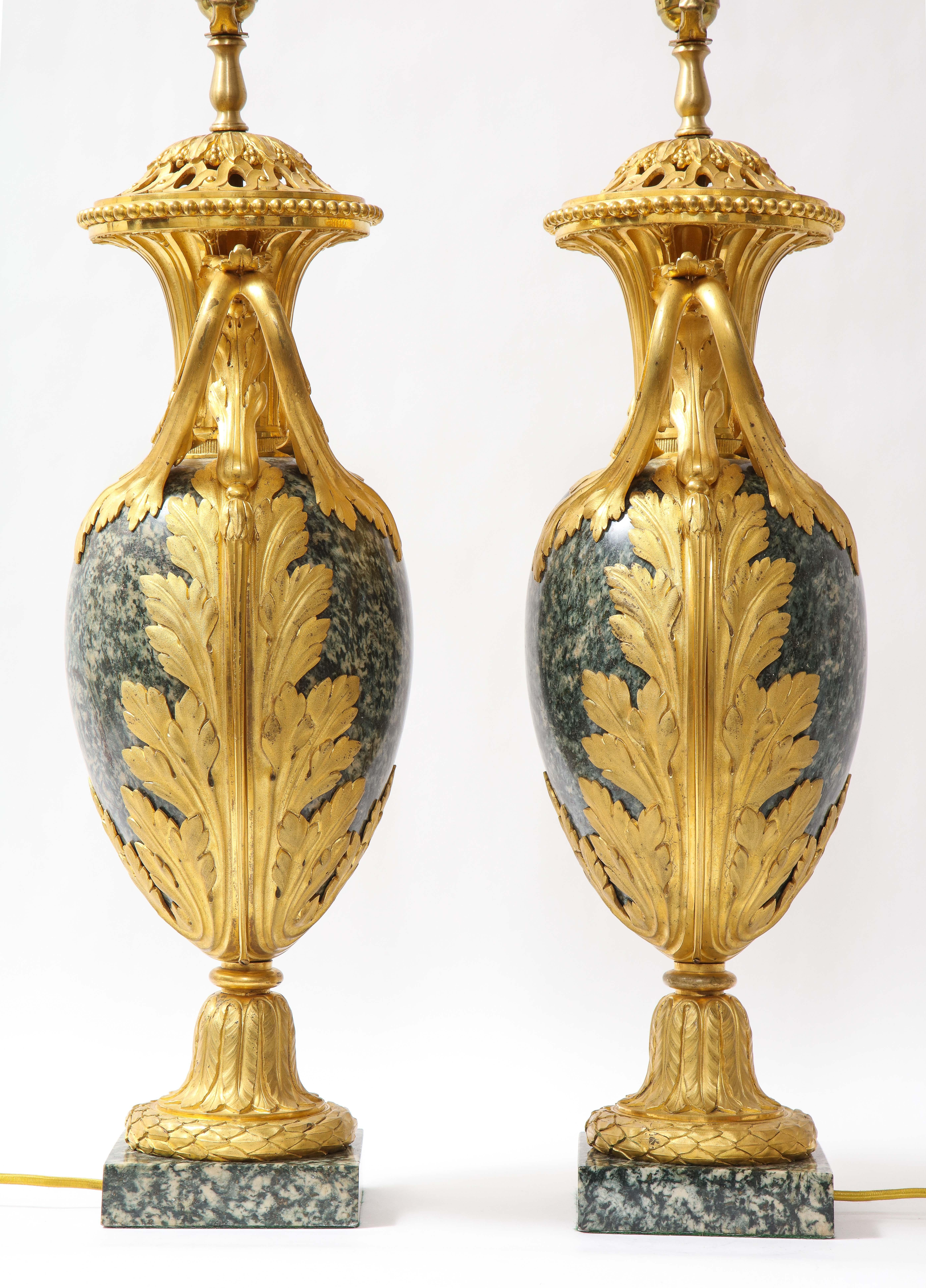 Pr French 19th C. Dore Bronze Mntd Green Marble/Porphyry Lamps, Att. H. Dasson For Sale 4
