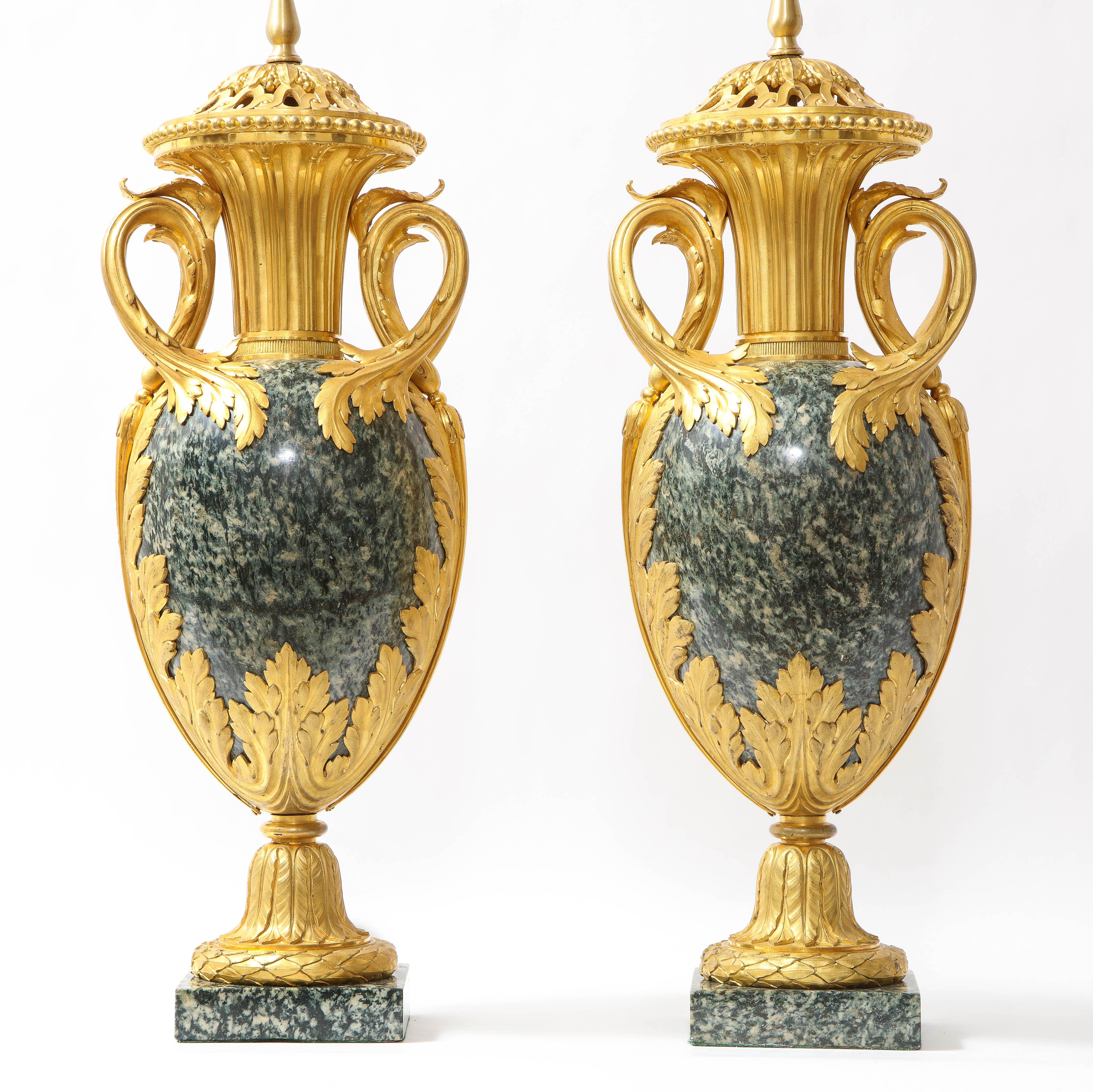 Louis XVI Pr French 19th C. Dore Bronze Mntd Green Marble/Porphyry Lamps, Att. H. Dasson For Sale