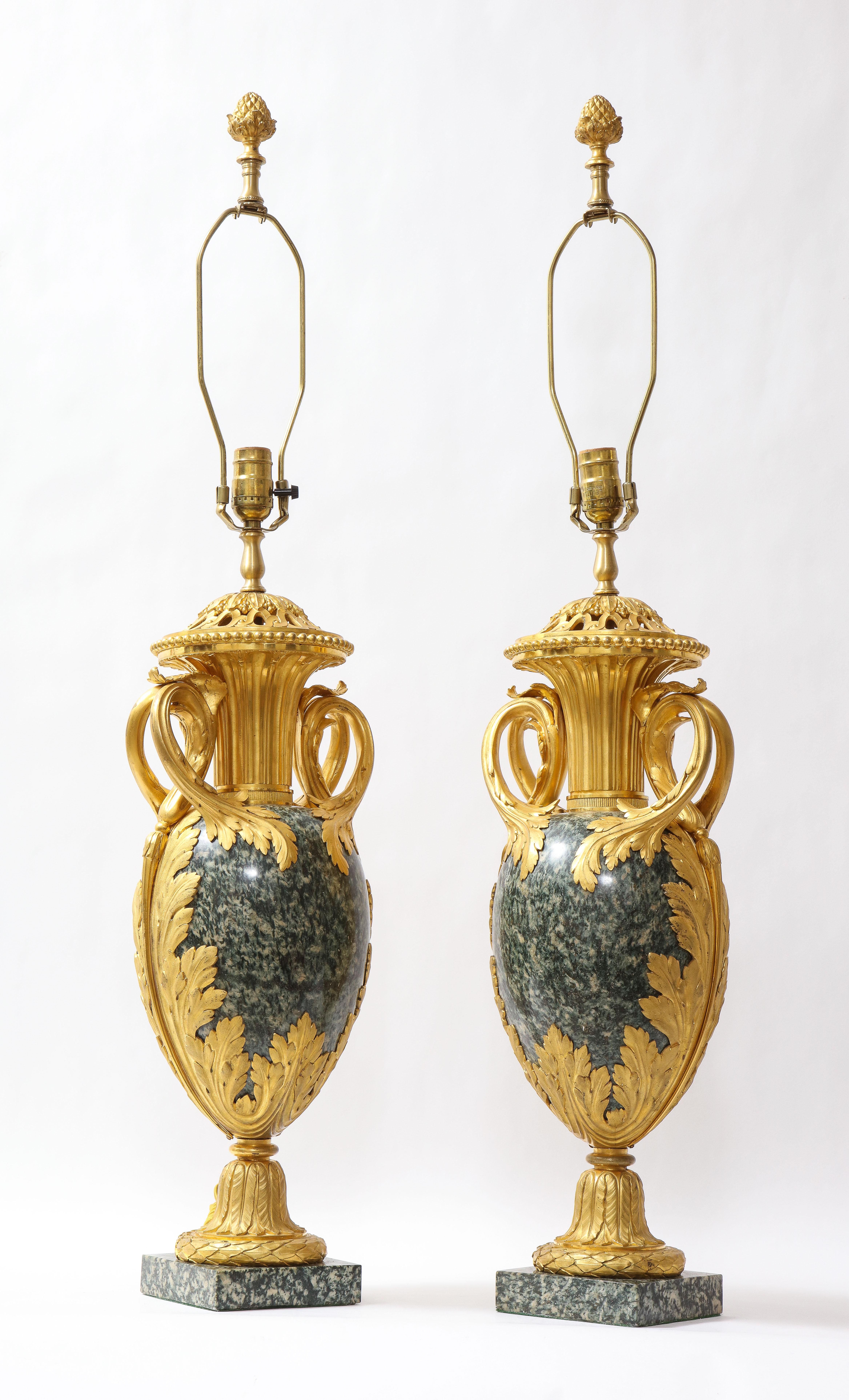Hand-Carved Pr French 19th C. Dore Bronze Mntd Green Marble/Porphyry Lamps, Att. H. Dasson For Sale