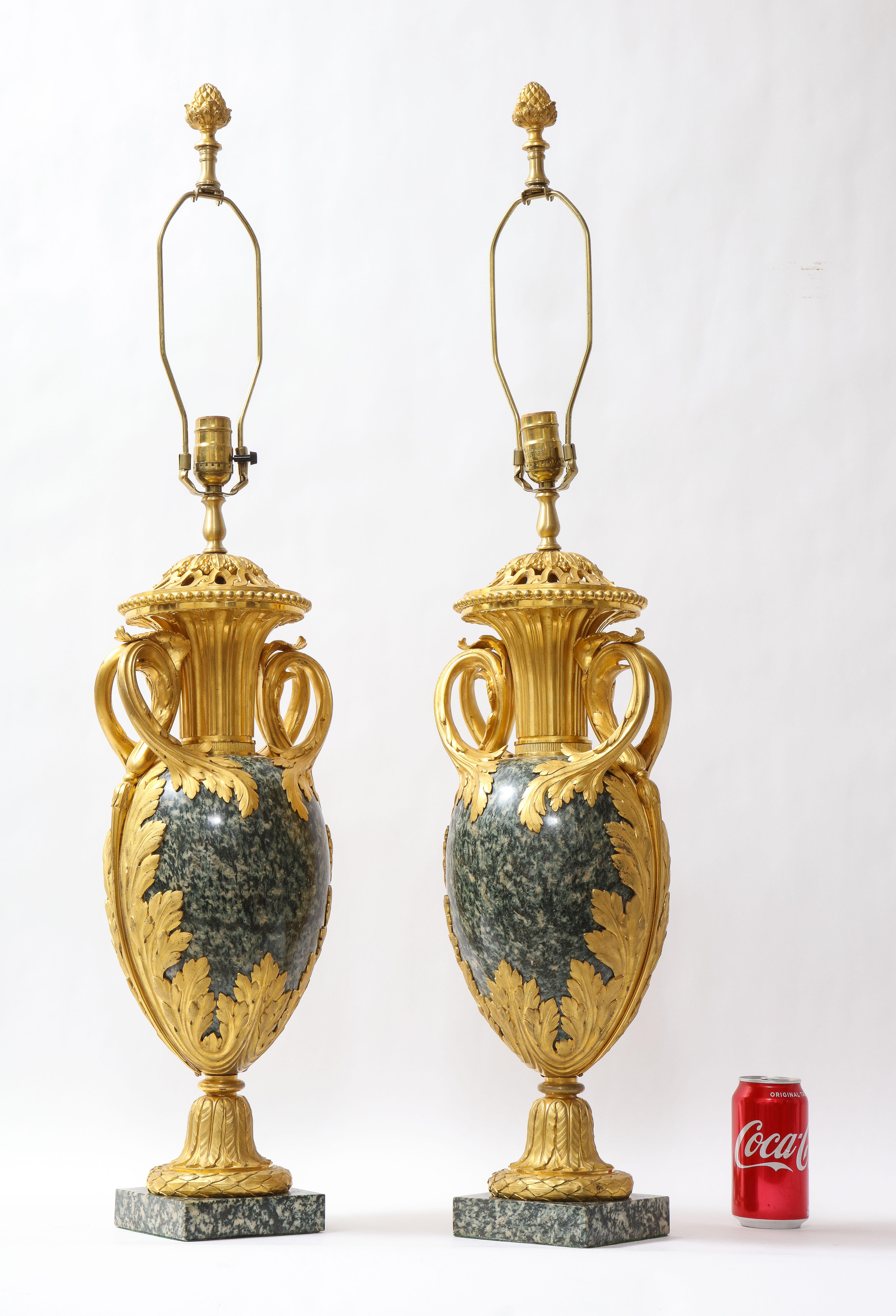 Pr French 19th C. Dore Bronze Mntd Green Marble/Porphyry Lamps, Att. H. Dasson In Good Condition For Sale In New York, NY
